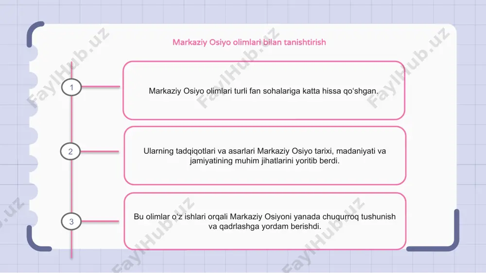 adigan ilmiy muassasalar yoki murabbiylarni topishda qiyinchiliklarga duch kelmoqda. bundan tashqari, markaziy osiyo olimlari ko'pincha til to'siqlari bilan kurashadilar. akademiyada ingliz tili ustunlik qiladi va bu tilni bilmaslik ularning ilmiy manbalarga va potentsial hamkorlikka kirishiga to'sqinlik qilishi mumkin. markaziy osiyo stipendiyasining hozirgi holati markaziy osiyo stipendiyalarining hozirgi holati mintaqaning boy tarixi, madaniyati va tillariga qiziqish ortib borayotganidan dalolat beradi. olimlar arxeologiya, tilshunoslik, adabiyot va siyosatshunoslik kabi turli mavzularda tadqiqot olib bormoqda. markaziy osiyo olimlari va xalqaro institutlar o‘rtasidagi hamkorlik bilim almashish va yangi metodologiyalarni ishlab chiqishga xizmat qilmoqda. 1 2 3 markaziy osiyo olimlarining global bilimga ta’siri markaziy osiyo olimlari tarix davomida global bilimga sezilarli ta’sir ko‘rsatgan. ularning hissalari matematika, astronomiya, tibbiyot va falsafa kabi turli sohalarni qamrab oladi. markaziy osiyo olimlari qadimiy matnlarni saqlash va tarjima qilishda hal qiluvchi rol o‘ynagan, turli sivilizatsiyalar bo‘ylab bilimlarning tarqalishiga hissa qo‘shgan. markaziy osiyo olimlarining mintaqaviy taraqqiyotga ta’siri markaziy osiyo olimlari mintaqa rivojiga …