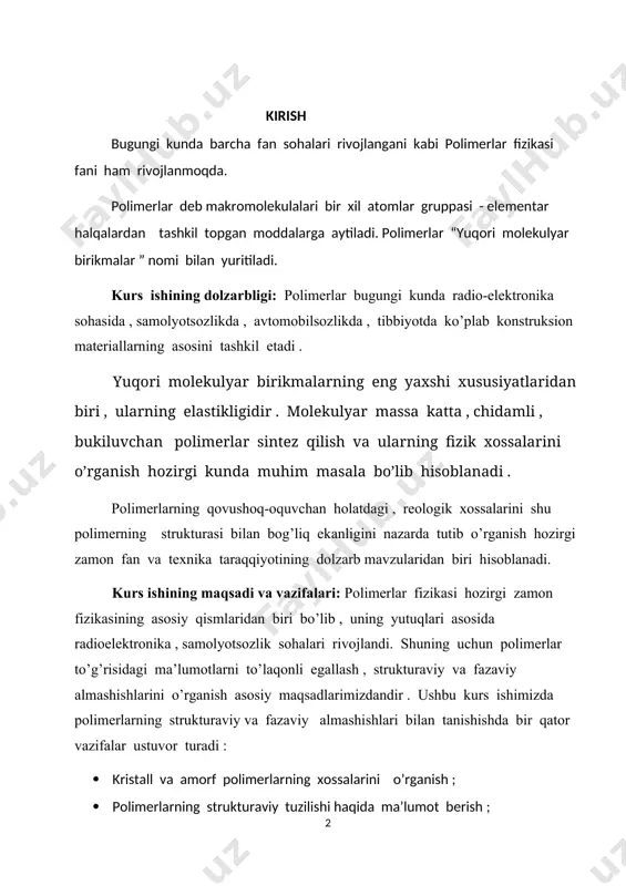hlari bilan tanishish . yuqori molekulyar birikmalar tuzilishi jihatidan turli – tumandir . ular kristall va amorf polimerlarga bo’linadi. ko’pgina hollarda jismlarni tez sovitsak, amorf ko’rinishga o’tadi . masalan, glitserin yoki suvni tez sovitganimizda hosil bo’lgan amorf massa tiniq va mo’rt bo’lib , shishani eslatadi. moddalarning bunday holati shishasimon holat deyiladi. fazaviy almashish deb- moddaning bir turdan ikkinchi turga o’tishiga aytiladi . polimerlarda molekulyar og’irlik nihoyatda katta bo’lgani uchun ularning qaynash haroratlari juda yuqori bo’ladi . shuning uchun hamma mavjud bo’lgan polimerlarning qaynash haroratlari ularning parchalanish haroratidan yuqori bo’ladi, shu sababdan polimerlarni gazsimon holatga o’tkazib bo’lmaydi. biz ushbu kurs ishimizda polimerlarning fizik xossalarini , ularning strukturaviy tuzilishlarini, fazaviy almashishlarini ko’rib chiqamiz. 1.kristall va amorf polimerlarning xossalari qattiq moddalar kristall yoki amorf holda bo’lgani singari polimerlarda ham amorf yoki kristall holatlar mavjud . oddiy jismlarning amorf holatlari yaxshi o’rganilgan . kristall va amorf polimerlarning mexanik xossalari bilan tanishib chiqamiz . mexanik …