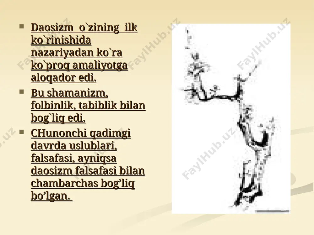 nadi. “besh dou guruch ta`limoti” “taypindao” sektasi bilan birga yana bir “udoumidao”(“ besh dou guruch ta`limoti”) sektasi ham mavjud bo`lib, qadimgi xitoy jamiyatida katta ta`sir doirasiga ega bo`lgan. uning asoschisi mashhur daochi chjan dao lin bolgan. daosizm birinchi ming yillikda buddizm va konfutsiychilik bilan raqobatlashib keldi. vi asrga kelib daosizm konfutsiychilik dan keyin ikkinchi o`rinni egallagan edi. xiii asrdan boshlab daosizm ta`limoti aniq asoslarga ega emasligi va ilk davrdagi yuksak ta`limotlarni turli hurofotlar bilan almashgani tufayli inqirozga yuz tuta boshladi. xx asrda xitoyda turli daosizm sektalariga qarshi kurash boshlandi. asrning ikkinchi yarmida daosizm tarafdorlari ozchilikni tashkil qildi. ushbu kichik guruh monaxlar targ`ibotchilar va bashoratchilarni o`z ichiga olgan edi. e`tiboringiz uchun rahmat