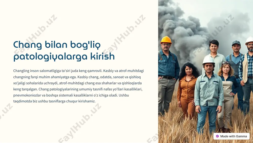 nishi mumkin. https://gamma.app/?utm_source=made-with-gamma asbestoz asbestoz - asbest tolalarining o'pkaga ta'siri natijasida kelib chiqadigan kasallik. asbestozning o'pka funktsiyasiga ta'siri nafas qisilishi, yo'tal va o'pka sig'imining kamayishi bilan namoyon bo'ladi. kasallikning diagnostikasi uchun rentgen, kt va bronxoskopiya usullari qo'llaniladi. davolash usullari simptomlarni yengillashtirishga va kasallikning progressiyasini sekinlashtirishga qaratilgan. https://gamma.app/?utm_source=made-with-gamma bisinosis bisinosis - paxta, zig'ir yoki kanop changining ta'siri natijasida kelib chiqadigan kasallik. kasallikning klinik belgilari orasida ish kunining boshida nafas qisilishi, ko'krak qafasidagi siqilish va yo'tal mavjud. bisinosisning rivojlanish bosqichlari simptomlarning og'irligiga qarab belgilanadi. oldini olish choralari orasida ish joylarida changni kamaytirish, shaxsiy himoya vositalaridan foydalanish va tibbiy ko'riklar o'tkazish muhim ahamiyatga ega. https://gamma.app/?utm_source=made-with-gamma sideroz sideroz - temir changining o'pkaga ta'siri natijasida kelib chiqadigan kasallik. kasallikning o'ziga xos belgilari orasida o'pka to'qimalarida temirning to'planishi va o'pka parenximasining shikastlanishi mavjud. diagnostika usullari orasida rentgen tekshiruvi va o'pka biopsiyasi qo'llaniladi. siderozning oqibatlari orasida o'pka funktsiyasining buzilishi va surunkali bronxit rivojlanishi mumkin. https://gamma.app/?utm_source=made-with-gamma boshqa chang …