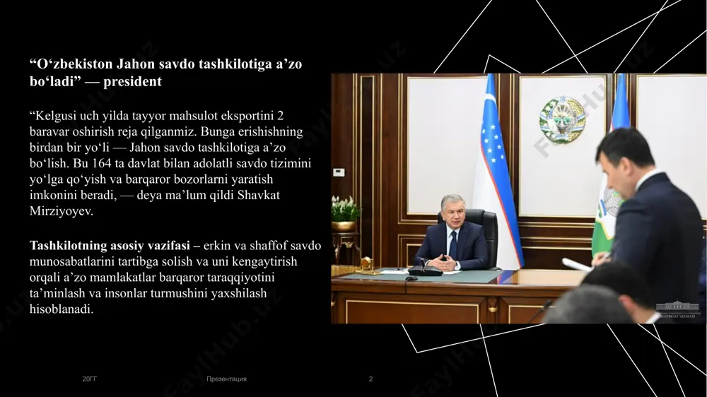 d shahri uchun 350 ta elektrobus sotib olinadi yettb ajratayotgan mablag‘lar hisobiga samarqand shahri uchun 350 ta elektrobus olib kelinadi. 95 mln dollarlik loyiha 2 bosqichda amalga oshiriladi. 6 e’tiboringiz uchun rahmat 20гг презентация 7 image1.png image2.svg image3.png image4.svg image27.jpeg image28.jpeg image29.png image30.jpeg image31.jpeg .msftofcthm_text1_stroke_v2 { stroke:#000000; } .msftofcthm_background1_stroke_v2 { stroke:#ffffff; }