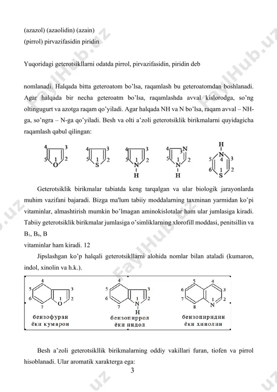 di. tarkibi c4h4o: c4h3o – qoldiqni furil deb ataladi. furanni qaytarib tetrogidrofuran (tgf) olinadi. tgf muhim erituvchilardan biri bo’lib, kimyo sanoatida keng qo’llaniladi. undan foydalanib tetrametilenglikol, adipin kislotasi geksametilendiamin va boshqa mahsulotlar olinadi. furfurol 1620c da qaynaydi, suvda kam eriydi. undan yongan nonning hidi keladi. furfurolni asosan pentozan saqlovchi mahsulotlardan olinadi. farg’onadagi furan birikmalari zavodida paxta sheluxasidan olinadi. furfurol aromatik aldegidlarning barcha xossalarini takrorlaydi. u plastmassalar ishlab chiqarishda xom ashyo bo’lib xizmat qiladi. tiofen – 840c da qaynaydigan, suvda erimaydigan suyuqlik c4h3s – tienil deb ataladi. tiofen kimyosi keyingi o’n yilliklarda rivojlana boshladi. buning sababi, tiofen hosilalari orasida shamollashga va boshqa kasalliklarga qarshi ishlatiladigan birikmalar topilganligidir. pirrol – 1300c da qaynaydigan, suvda deyarli erimaydigan suyuqlik. pirrol birinchi marta 1858 yilda andersen tomonidan ajratib olingan va uning tuzilishi 1870 yilda bayer tomonidan isbotlangan. pirrol va uning gamologlari toshko’mir smolasida va suyak yog’ida uchraydi. bu nom runge tomonidan berilgan bo’lib pirrol bug’i …
