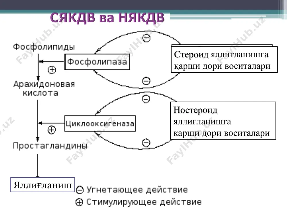 бронхиал астма ёки обструктив бронхит билан хасталанган беморларда салицилатлар бронхоспазм хуружларини тезлаштиради ( спазмолитик простагландинлар ва лейкотриенларнинг тормозланиши). няқдв ларни қўллашга умумий кўрсатмалар : ревматизм и ревматик касалликлар ревматоид артрит, анкилизирловчи спондилоартрит (бехтерев касаллиги), реактив и инфекцион-аллергик артрит, подагрик артрит, псориатик артрит, коллагенозларда артрит (тқв, ва бошқалар.) ревматоид артритда няқдв фақат симптоматик таъсир кўрсатади касалликни кечишига таъсир кўрсатмайди. хасталикни прогрессив ривожланишини тўхтатмайди, ремиссия чақирмайди бўғимларда деформация ривожланиши олдини олмайди няқдв қўллашга кўрсатма неврологик касалликлар невралгия, радикулит, ишиас, люмбаго буйрак, жигар коликаси няқдв қўллашга кўрсатма турли этиологияли оғриқ синдроми – бош ва тиш оғриши, операциядан кейинги оғриқлар тана ҳароратини кўтарилиши - 38,5°с дан юқори бўлиши). артериал тромбозларни олдини олиш няқдв қўллашга кўрсатма крем гель мелоксикам фармакологик таъсири: няқдв, селектив цог-2 ингибитори яллиғланишга қарши, оғриқ қолдирувчи ва ҳарорат туширувчи таъсир кўрсатади. мелоксикам цог-2, нисбатан активлиги юқори, шу сабабли оит берадиган ножўя таъсирлари кам (цог -1) кам таъсир кўрсатади. целекоксиб-цог-“2ни цог-1га нисбатан 100 …