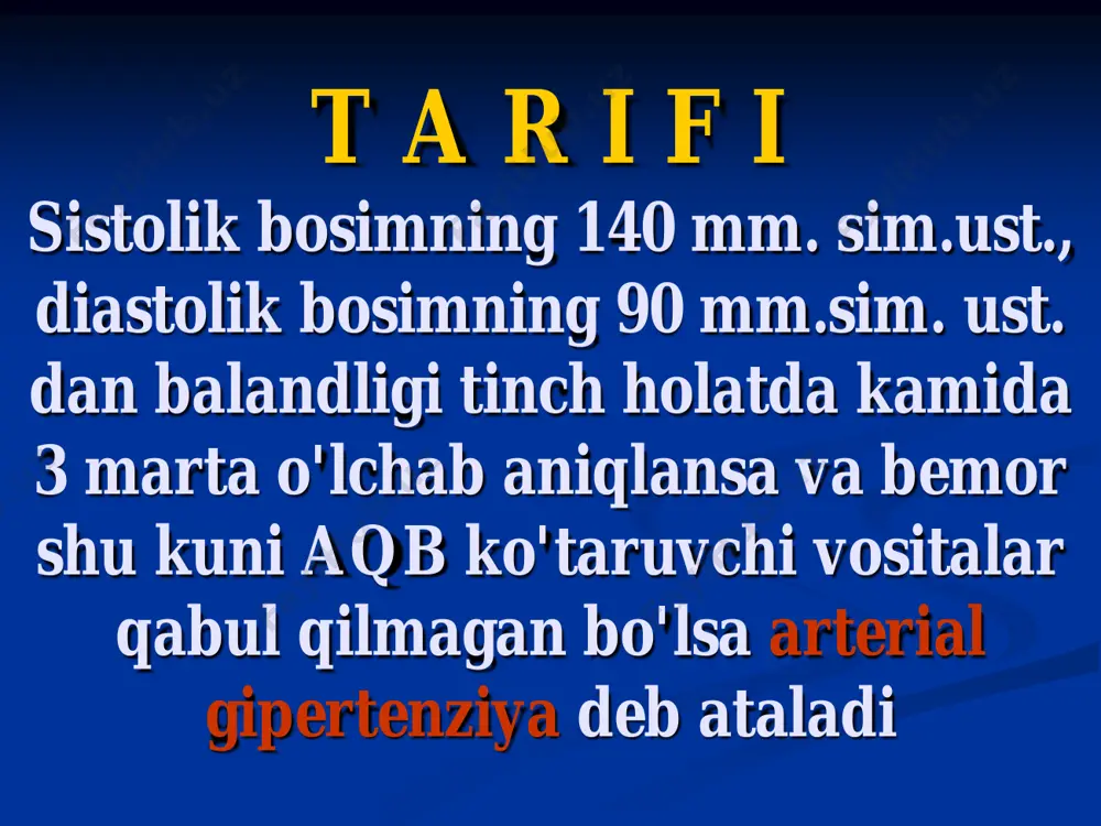 rsatkichlar – vazokonstriktor meхanizmlar, oq ko'rsatkichlar – noradrenalin ajralishini cheklovchi meхanizmlar. qon tomir diametri va devori qalinligi nisbati (kernogan indeksi) normada (a) va gkda (b). gkda yurak chap qorinchasi miokardining kontsentrik (a) va ekstsentrik (b) gipertrofiyasi. t a s n i f i bsst, 1996 bosqichi mezonlar aqb nishon-azolar shikastlanishi i aqb ≥ 140/90 yo'q ii aqb ≥ 140/90 bor, azolar funktsiyalari buzilmagan holda iii aqb ≥ 140/90 bor, azolar funktsiyalari buzilishi bilan arterial qon bosimi darajalari tasnifi 2002 y kategoriya sistolik diastolik optimal 180 >110 izolirlangan sistolik gipertenziya >140 30% klinikasi shikoyatlari  bosh og'rig'i  bosh aylanishi  хotira susayishi  boshda shovqin  ko'zlar oldida «dog'lar» uchishi va ko'rishning boshqa turli buzilishi  yurak sohasi og'rig'i  hansirash  tez charchash  tushkun kayfiyat klinikasi anamnestik malumotlar  oilaviy anamnez  lipid almashinuvi buzilishi  ag davomiyligi  dori vositalarini qabul qilishi  yondosh kasalliklarining mavjudligi  …