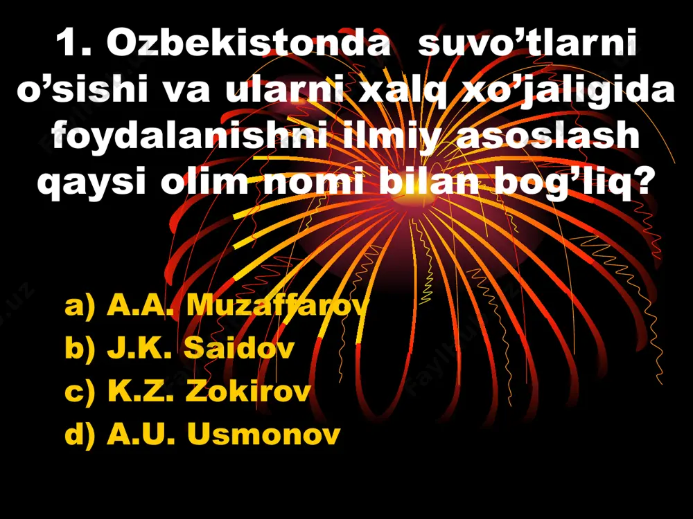 di? a) kurtaklanish b) spora c) jinsiy d) oddiy bo’linish 15. quyidagi qaysi suvo’tiga xos belgilar keltirilgan? “ko’p hujayrali, chuchuk suvda yashaydi, xromatofori spiral shaklda, rizoidi yo’q” a) xara b) ulotriks c) xlomidamonada d) spirogira 16. rizoidli suvo’tlar guruhini ko’rsating. 1. ulotriks 2.spirogira 3.kladofora 4.xara 5.laminariya 6.xlorella a) 1.2.6 b) 2.4.6 c) 1.3.4 d) 2.5.6 17. ba’zi bir dengiz suvo’tlarining 1kg kukunidan qancha miqdorda toza yod olish mumkin? a) 1-2 gr b) 3-5 gr c) 5-10 gr d) 5-20 gr 18. dengiz suvo’tlari berilgan qatorni aniqlang. 1. laminariya 2.xara 3.nemalion 4. kladofora 5.spirogira 6.ulva a) 1.2.3 b) 2.3.4 c) 1.3.6 d) 2.4.5 19. dengizda (a) va chuchuk suvda (b) yashovchi halqali chuvalchanglarni juftlab ko`rsating. 1. nereida 2. o`troq chuvalchang 3. qizil chuvalchang a) a-1, 3; b-2 b) a-2, 3; b-1 c) a-1; b-2, 3 d) a-1, 2; b-3 20. xlomidomonada qanday birikmaga boy bo’lgan suvlarda uchraydi? a) azotli, iflos suvlarda …
