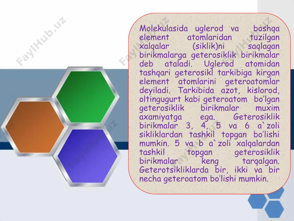 ga aylanadi: pirrolidin pirrolin pirrolning gidrogenlanishidan xosil bo’lgan pirrolin va pirrolidinlar kuchli asos xossasiga ega. xinolin sistematik nomi: xinolin kimyoviy formulasi: c9h7n molyar massasi: 129.16 g/mol zichligi: 1.093 g/sm³ suyuqlanish temperaturasi : -15 °c qaynash temperaturasi: 238 °c xinolin – geterosiklik qatorning organik birikmasi. fosfor, oltingugurt uchun erituvchi sifatida, organik bo’yoqlar sintezida ishlatiladi. uning birikmalari meditsinada ham ishlatiladi (plazmosid, xinin). xinolin olinishi: izoxinolin sistematik nomi: izoxinolin kimyoviy formulasi: c9h7n. suyuqlanish temperaturasi : 24,5°c qaynash temperaturasi: 243 °c izoxinolin – geterosiklik qatorning organik birikmasi. rangsiz kristall modda, suvda yaxshi erimaydi, xinolinga nisbatan kuchliroq alkoloidlar alkaloidlar tarkibida azot atomi tutgan, asos xossalariga ega bo’lgan ayrim o’simliklar tarkibida uchraydigan, odam va xayvon organizmiga kuchli fiziologik ta`sir qiladigan murakkab organik birikmalardir. o’zbekiston olimlarining alkaloidlar kimyosini rivojlanishda qo’shgan xossalari ittifoqda emas, dunyo miqyosida xam ma`lumdir. sotsialistik mexnat qaxramonlari akademik s. yu. yunusov, o. s. sodiqov va ularning shogirdlari katta ilmiy-tadqiqod ishlarini olib bormoqda. quyida eng …