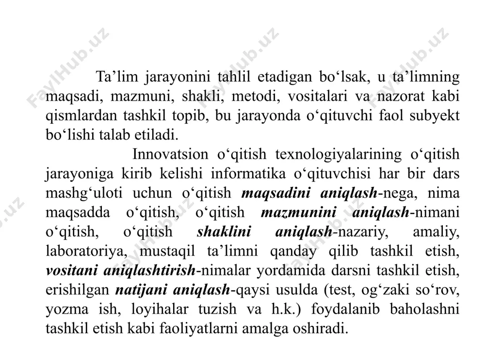 inli dasturlar bo‘lib, bu yoshdagi bolalarga maxsus o‘yinli dasturlar orqali alifbo harflarini, ranglarni, matematik shakllarni o‘rgatish, turli rasmlarni chizish, fikrlashni rivojlantirish uchun qismlarni to‘ldiruvchi mashqlar bajartirish va hokazo amallar o‘rgatiladi. maktabdagi o‘quv jarayonida o‘quvchini kasb egasi bo‘lishiga qiziqishini orttirishga erishish uchun: - informatika fani o‘qituvchisi kundalik darsni qiziqarli, innovatsion pedagogik va axborot texnologiyalaridan foydalanib tashkil etishi, fan sirlarini yetkaza bilishi, informatikani bugungi kunda jamiyatning barcha sohalarida kirib borayotganligini jonli misollar bilan tushuntirib, o‘quvchining qalbiga singdira olishi; - informatika darsini pedagogik va axborot texnologiyalaridan, interfaol metodlardan foydalangan holda tashkil etib, o‘quvchilarning motivatsiyasini oshishiga, mustaqil fikr yuritishi, kichik–kichik dasturlarni tuzib natija olishi, kompyuterda berilgan topshiriqlarni natijasini ko‘rib turishi, mustaqil qaror qabul qilishi, ijodiy faoliyatni yuzaga keltirishga erishishi va h.k. - o‘rta-maxsus, kasb-hunar ta’limi o‘quvchilari yosh jihatdan maktab o‘quvchilardan ancha ulg‘aygan bo‘lib, kasb-hunar, uni amalga oshirish haqida maktab yoshidagilardan kengroq fikrlaydigan, tushunadigan bo‘ladilar. shunday bo‘lsada, bu yoshda ham ta’lim-tarbiya yosh xususiyatidan kelib chiqib …