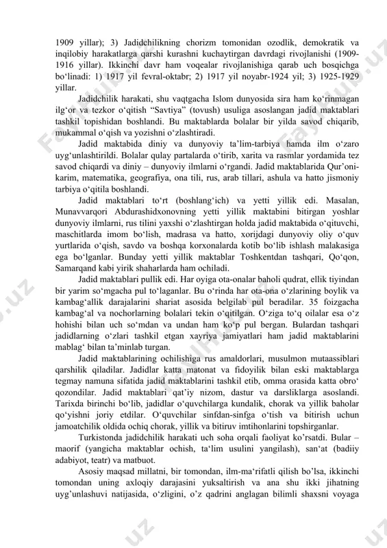 d etish, shariatni isloh qilish, xalqqa ma’rifat tarqatish, turkistonda muxtoriyat hukumatini barpo etish uchun kurash, buxoro va xivada konstitusion monarxiya va parlament, keyinchalik demokratik respublika tuzumini o’rnatish orqali ozod va farovon jamiyat qurish, barqaror milliy valyutani joriy qilish va milliy qo’shin tuzish. jadidchilik harakati ba’zi-bir tarixga oid adabiyotlarda aytilganidek, “oldin madaniy-ma’rifiy harakat bo‘lib, keyin ijtimoiy-siyosiy harakatga o‘sib o‘gani” yo‘q. u o‘z tabiati maqsad va mohiyatiga ko‘ra, dastlabki kundanoq, ijtimoiy-siyosiy, madaniy-ma’rifiy va islohotchilik harakati bo‘lgan. s.xolboyev fikricha, birinchidan, jadidchilik islomdagi taraqqiyotparvarlik, ilm-fanga rag‘bat va dunyoviylikning yangi davrdagi ko‘rinishi sifatida paydo bo‘ldi. jadidlar islomni har xil mutassiblik bid’atlardan asrab rivojlantirdilar. ikkinchidan, jadidchilikni paydo bo‘lishi va rivojlanishiga sharq va g‘arb mamlakatlarida rivojlangan quyidagi demokratik, milliy-ozodlik, islohotchilik harakatlarining ta’siri ham kuchli bo‘ldi: 1. jamoliddin afg‘oniy (1839-1897) va muhammad abdolar (1848-1903) asos solgan musulmon dunyosidagi islohotchilik va “nahda” (uyg‘onish) harakatlari. 2. xix asrning 90-yillaridan boshlanib, 1905-1907 va 1917 yillarda katta g‘alabalarga erishgan rus sotsial demokratik …