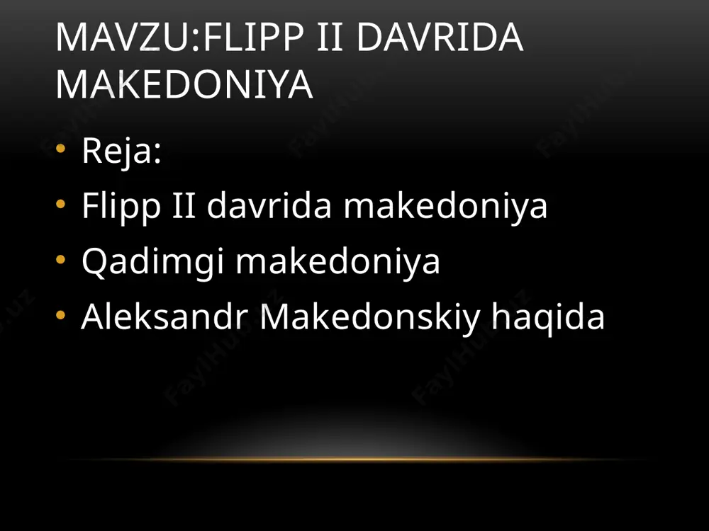 arini birlashtirgan, 359 yildan 338 yilgacha fokida qadimgi makedoniya fessaliya, xalqidika, frakiya va boshqalarni qoʻshib olgan. 338 yilda filipp ii xeroneya yaqinida yunon polislarining birlashgan qoʻshinlarini tormor keltirib, butun yunonistonni m.ga boʻysundirgan. qadimgi makedoniya uning oʻgʻli aleksandr (336—323 yilda podshoxlik qilgan) otasining bosqinchilik siyosatini davom ettirib, axomaniylar davlatiii bosib olgan va yirik monarxiya barpo qilgan. qadimgi makedoniya hozirgi oʻrta osiyo hududi ham unga tobe boʻlgan. mustahkam boʻlmagan bu monarxiya aleksandr oʻlimidan soʻng tezda parchalanib ketgan. m. qoʻl ostida faqat yunoniston qolgan, u ham 229 y. koʻpgina kurashlardan keyin mustaqillikka erishgan. qadimgi makedoniya qadimgi makedoniya m.ning oʻzida esa taxt uchun diadoxlar oʻrtasidagi kurashlar natijasida antigoniylar sulolasi qaror topgan. rim bilan boʻlib oʻtgan makedoniya urushlari (215—205, 200—197, 171 — 168) natijasida m. toʻla magʻlubiyatga uchragan va miloddan avvalgi 148 y. epir va jan. illiriya bilan birgalikda rim viloyatiga aylantirilgan. flipp ii ulimidan keyin 20 yoshli aleksandr makedoniya taxtiga utiradi. aleksandr, iskandar maqduniy …