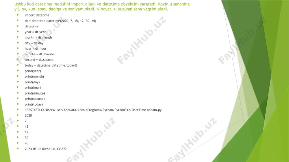 = datetime.datetime.strptime(date, '%y-%m-%d') day = date_object.strftime('%a') print(day) =restart: c:/users/user/appdata/local/programs/python/python312/datatime adham.py thursday xulosa xulosa qilib aytganda, ushbu kurs ishi pythonning sana va vaqt modullari haqida to‘liq ma’lumot berib, ularning ahamiyati va dasturiy ta’minotni ishlab chiqishda amaliy qo‘llanilishini ta’kidladi. datetime, time, taqvim, dateutil kabi modullarni o‘rganish va vaqt mintaqasini boshqarish kabi ilg‘or mavzularni o‘rganish orqali o‘quvchilar python dasturlarida vaqtinchalik ma’lumotlarni samarali boshqarish bo‘yicha qimmatli tushunchalarga ega bo‘lishdi. kurs ishi davomida talabalarga nazariy tushuntirishlar, kodli misollar va sana va vaqt obyektlari bilan ishlash bo‘yicha tushuncha va malakalarini mustahkamlashga qaratilgan amaliy mashg‘ulotlar o‘tkazildi. sana-vaqt misollarini yaratish va formatlash kabi asosiy operatsiyalardan tortib, takrorlanuvchi hodisalar va vaqt mintaqasini oʻzgartirish kabi ilgʻor vazifalargacha, oʻquvchilar keng koʻlamli dasturlash stsenariylarida qoʻllanilishi mumkin boʻlgan turli koʻnikmalarga ega boʻldilar. foydalanilgan adabiyotlar 1.axatov a.r , nazarov f.m. python tilida daturlash asoslari. – samarqand-2020. – 181 b. 2.beasley d.m. python dasturlash tili: ma’lumotnoma: trans. ingliz tilidan / d. m. beasley. - kiev: …