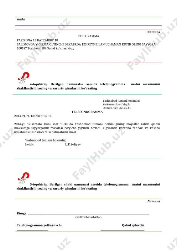 i qabul qiluvchi _______________________ ________________________________ (lavozimi, ismi, familiyasi) (lavozimi, ismi, familiyasi) tel.: ___________________________________________________________________________________________ (qabul qilingan vaqti) telefonogramma sana: __________________________________________________________________________________________ joyi: ___________________________________________________________________________________________ matn ___________________________________________________________________________________________ ___________________________________________________________________________________________________________________________________________________________________________________________________________________________________________________________________________________________________________________________________________________________________________________________________________________________________________________________________________________________________________________________________________________________________________________________________________________________________________________________________________________________imzo 6-topshiriq. berilgan namunalar asosida “xizmat xatlari”dan da’vo, so‘rov, iltimos xatlaridan namunalar tayyorlang va zaruriy qismlarini belgilang namuna 1. tovar yetkazib berish kechiktirilganligi uchun jarima to‘lash haqida da’vo __________dagi _____________raqamli shartnomaga binoan (sana) siz__________________ga bahosi________________bo‘lgan (tashkilot, firma nomi) (so‘m so‘z bilan) ________dona _____________yetkazib berishingiz kerak edi. (tovar nomi) biroq ko‘rsatilgan shartnomaning shartlari buzilgan holda tovar__________kun kechikib yetkazib berildi (shu kungacha yetkazib berilmadi). shartnomaning________bandiga muvofiq, firma muddatida yetkazib berilmagan_________so‘mlik tovar bahosidan_______% miqdorda sizning hisobingizga____________so‘m jarima yo