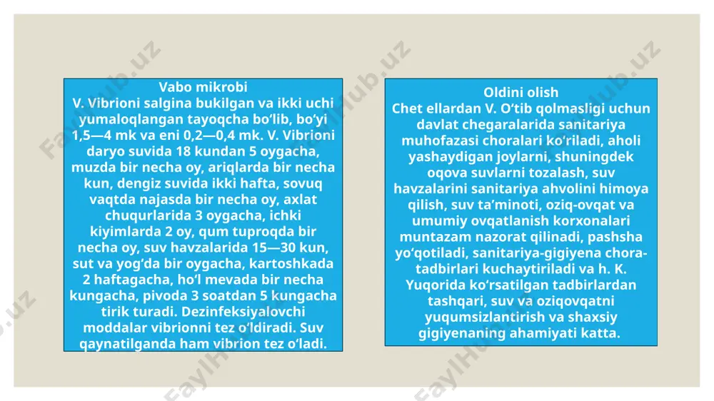 yasi, miokard infarkti, bosh miya qon aylanishi buzilishi, og`ir hollarda o`lim holati. ovqatlanish joylarida, ishlab chiqarishda sanitar-gigiyenik normalarni saqlash, faqatgina qaynatilgan suvni ichish. mamlakatimizda vaboning oldini olish va tarqalishiga yo‘l qo‘ymaslik maqsadida sanitariya-epidemiologiya xizmati tomonidan olib borilayotgan tadbirlar, aholini sanitariya-epidemiologik osoyishtaligini ta’minlashga yo‘naltirilgan bo‘lib bunday ishlar muntazam amalga oshirib boriladi. respublika bo‘yicha amalga oshirilayotgan profilaktik va epidemiyaga qarshi tadbirlar natijasida o‘lat, sariq isitma, virusli gemorragik isitmalar, parranda grippi kabi karantin va o‘ta havfli yuqumli kasalliklar, jumladan vabo kasalligini respublika hududiga chetdan kirib kelishi va aholi o‘rtasida tarqalib ketishiga yo‘l qo‘yilmadi. kasallik mavsumiy xususiyatga egaligi sababli, issiq kunlar mavsumida, har haftada ochiq suv havzalaridan namunalar olinib, vabo vibrionlari va shu oilaga yaqin vibrion (ag va nag vibrionlar)larga tekshirilishi amalga oshirib kelinadi. ag vibrionlari – bu to‘g‘ridan to‘g‘ri vabo kasalligini keltirib chiqaradigan vibrionlar sanaladi. thank you for your attention image3.jpeg image4.jpeg image5.jpeg image6.jpeg image7.jpeg