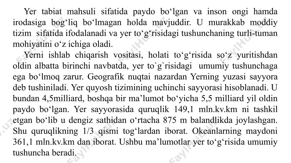 abiatda issiqlik, namlik, gaz almashish manbaasi odamlar hayoti va ishlab chiqarish faoliyatining iqlimiy sharoitlarini tashkil etadi tiklanishi cheklangan tabiiy resurslar, ulardan foydalanishning o‘ziga xos xususiyatlari va ular tarkibida yerning o‘rni yer resurslarini tiklanishi cheklangan tabiiy resurslar qatoriga kiritish ikkita sababdan kelib chiqadi: bir tomondan kenglik, hudud, yerning usti, quruqlik bilan suv nisbatining xususiy tarzdagi lokal o‘zgarishlarini hisobga olmaganda qayta tiklanmaydi; boshqa tomondan - yer turlarining ishlab chiqarish imkoniyatlarini kengaytirilgan takror ishlab chiqarish, yaxshilash, tiklash uchun imkoniyatlar amaliy jihatdan cheksizdir. «yer, odam – ishlab chiqarish» tizimi elementlarining oqilona o‘zaro ta’siri quyidagi prinsipial masalalarni yechishni taqoza etadi: 1. ishlab chiqarishning yer resurslariga salbiy ta’sirini ekologik xavfsiz darajagacha kamaytirish; 2. yer resurslarining sifat xususiyatlarini ulardan foydalanishda (ayniqsa qishloq xo‘jaligida) maksimal to‘la hisobga olish; 3. odamlarning moddiy va ijtimoiy talablarini to‘laroq qondirish maqsadida yerlarni yaxshilash va muhofaza qilish qayta tiklanmaydigan mineral resurslar uchun ularni tejash va atrof muhitga salbiy ta’sirini cheklab, to‘la qayta ishlash …