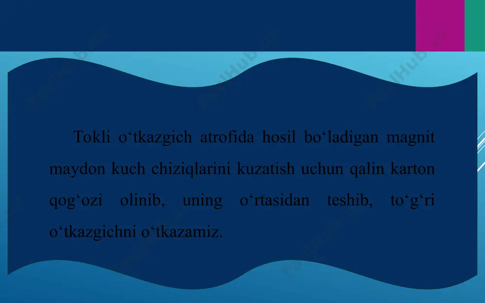 o‘tkazilgan vektor bilan ∆l element orasidagi burchak (1.9-rasm), r–o‘tkazgichning ∆l elementidan a nuqtagacha bo‘lgan masofa. 1. to‘g‘ri tokning magnit maydon induksiyasi. bio –savar–laplas qonuniga ko‘ra, cheksiz uzun to‘g‘ri tokdan d uzoqlikdagi a nuqtada hosil bo‘lgan magnit maydon induksiyasi quyidagi ifoda yordamida aniqlanadi: demak, to‘g‘ri chiziqli cheksiz uzun tokli o‘tkazgichning biror nuqtada hosil qilgan magnit maydon induksiyasi o‘tkazgichdan o‘tayotgan tok kuchiga to‘g‘ri, o‘tkazgich bilan induksiyasi hisoblanayotgan nuqta orasidagi eng qisqa masofaga teskari proporsional ekan. 2. aylanma tok markazidagi magnit maydon induksiyasi. radiusi r bo‘lgan aylanadan i o‘zgarmas tok o‘tayotgan bo‘lsin (1.10-rasm). bio – savar – laplas qonuniga ko‘ra, aylanma tokning markazida hosil bo‘lgan magnit maydon induksiyasi aylana uzunligi ∆l bo‘lakchalarining aylana markazida hosil qilgan induksiyalarining vektor yig‘indisiga teng (1.3–1-ifoda). hisoblash natijalariga ko‘ra, aylanma tokning markazidagi magnit induksiyasi ga teng, bunda: μ0 – koeffitsiyent, vakuumning magnit doimiysi bo‘lib, uning son qiymati ga teng. demak, aylanma tokning markazida hosil bo‘lgan magnit maydon induksiyasi …