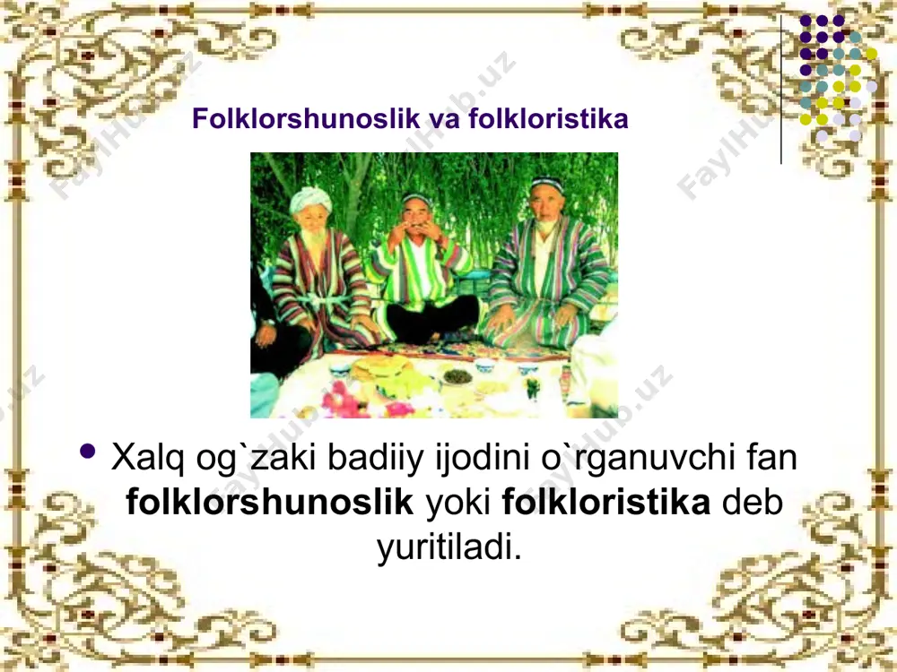 hunoslik adabiyotshunoslik fani bilan ham uzviy aloqadorlikda ish ko‘rsa – da , ular o‘rtasida bir – biridan farq qiluvchi xususiyatlar mavjud . masalan , folklor asarlarining g‘oyaviy – estetik tahlili folklorshunoslik qonuniyatlari talabi bilan amalga oshirilsa , badiiy adabiyot tahlili adabiyotshunoslik qonuniyatlariga muvofiq ravishda amalga oshiriladi . mahmud koshg‘ariyning “ devonu lug‘otit turk ” asarida shunday to‘rtlik bor: turkan qatun qutyog‘a, tergur menden qoshyog‘. ajg‘ul sizni tabug‘chi, otnur jaqi tabug‘. mazmuni turkan xotin qoshig‘a , mendan yetkur she’r. xizmatga xodimingiz rost , deb payom ber. mahmud koshg‘ariy . devonu lug‘otit turk . i tom . – t . : fan , 1960 . – b . 357 . folklorni o`rganish tarixi unga nisbatan faqat ilmiy maqsadlarda yondoshilganlikni kuzatish bilan cheklanmaydi, balki insoniyat tafakkuri taraqqiyotida unga turlicha munosabatda bo`lgan ilm-fan va madaniyat arboblarining adabiy qiziqishlarini ham hisobga olishni taqozo etadi. shu ma`noda folklorshunoslik asoslari qadimgi dunyo estetik tafakkuriga borib taqaladi. qadimgi …