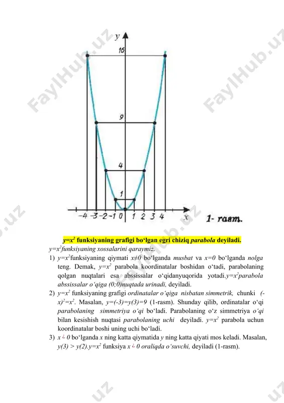 q bilan y=x+6 to‘g‘ri chiziqning kesishish nuqtalari koordinatalarini toping. kesishish nuqtalari y=x2 y=x+6 sistemaning yechimlari bo‘ladi. bu sistemadan x2=x+6, ya’ni x2-x-6=0 ni hosil qilamiz, bundan x1=3, x2=-2. x1 va x2 ning qiymatlarini sistemaning tenglamalarifan biriga qo‘yib, y1=9, y2=4 ni topamiz. javob: (3;9), (-2;4). parabola texnikada keng ko‘lamda foydalaniladiganko‘pgina ajoyib xossalarga ega. masalan, parabolaning simmetriya o‘qida parabolaning fokusi deb ataladigan f nuqta bor (2-rasm). agar bu nuqtada yorug‘lik manbai joylashgan bo‘lsa, u holda paraboladan akslangan barcha yorug‘lik nurlari parallel bo‘ladi. bu xossadan projektorlar, lokatorlar va boshqa asboblar tayyorlashda foydalaniladi. y=x2 parabolaning fokusi nuqta bo‘ladi. 4-bosqich. mustahkamlash (10 daqiqa) “sirli sandiq” metodi 5-bosqich. yakuniy qism (5 daqiqa) -mavzu bo‘yicha qisqa xulosa. -o‘quchilarning javoblari baholanadi. -uyga vazifa beriladi. image4.wmf oleobject3.bin image5.png image6.wmf oleobject4.bin image7.jpeg image8.jpeg image9.jpeg image10.jpeg image1.png image2.png image3.wmf oleobject1.bin oleobject2.bin £ ) 4 1 ; 0 ( ³