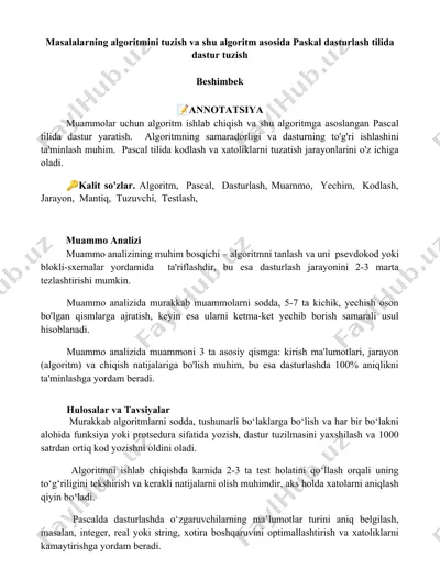muammolar uchun algoritm ishlab chiqish va shu algoritm asosida paskal dasturlash tilida dastur tuzish — DOCX