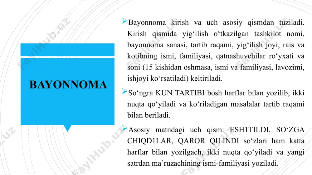 __________________________________________ ___________________________________________________________ ___________________________________________________________ ilovalar: komissiya raisi (imzo) i. o. familiyasi komissiya a’zolari (imzolar) i. o. familiyalari ishtirok etganlar i. o. familiyalari dalolatnoma bo‘lgan voqea yoki mavjud holatlarni bildirish-axborot berish mazmunida ifodalaydigan hujjat ma’lumotnoma deyiladi. ma’lumotnoma o‘z xususiyati va mazmuniga ko‘ra ikkiga: xizmat ma’lumotnomasi va shaxsiy ma’lumotnomaga bo‘linadi. ma’lumotnoma 3-topshiriq. quyidagi birikmalarni ma’lumotnoma matniga aylantiring. muassasa faoliyatiga doir voqea-hodisalarni rasmiy ravishda aks ettiradi va tasdiqlaydi, axborot xususiyatiga ega bo‘lgan xilma-xil ma’lumotlarni o‘z ichiga oladi, zarur hollarda esa raqamli jadvallar ko‘rinishida tayyorlanadi. taqdim etilayotgan ma’lumotlar ishlab chiqarish va moliyaviy faoliyat, xodim (shtat)lar soni, topshiriqlarning bajarilishi, moddiy-tovar boyliklarining saqlanishi, mehnat intizomining ahvoli haqida va boshqa xilma-xil masalalar to‘g‘risida hozirlanadi. bunday ma’lumotlarga matn mazmunini ochuvchi sarlavha qo‘yilishi lozim. masalan: «kontrakt to‘lov asosida tahsil olayotgan talabalar soni haqida» kabi. sarlavhadan so‘ng (ba’zan uning tarkibida) xabarga oid sana ko‘rsatiladi. masalan: «2009- yil 1-oktabrdagi holatga ko‘ra» kabi. xizmat ma’lumotnomasi muassasalar tomonidan fuqarolarning turmushi va ish faoliyatidagi aksar …