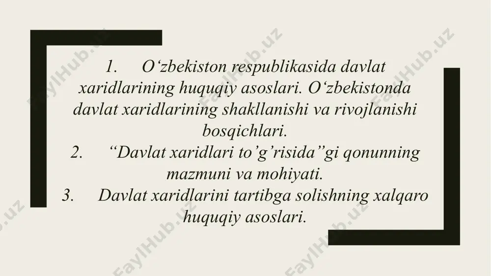 alari” aj 12. “o‘zbekiston havo yo‘llari” ak 13. “o‘zbekiston milliy elektr tarmoqlari” aj 14. “olmaliq kmk” aj 15. “o‘zbektelekom” ak 16. “o‘ztransgaz” aj 17. “o‘zavtosanoat” aj 18. “o‘zbekgidroenergo” aj 19. “o‘zbekko‘mir” aj 20. “uzbekistan airports” aj 21. “o‘zbekgeofizika” aj 22. “o‘zvtortsvetmet” aj 23. “davlat belgisi” davlat unitar korxonasi 24. davlat geologiya va mineral resurslar qo‘mitasi “geoltexta’minot” dk har yili butun dunyo hukumatlari davlat shartnomalari uchun taxminan 9,5 trillion aqsh dollari sarflaydi. o‘rtacha hisobda davlat xaridlarining ulushi mamlakat yalpi ichki mahsulotining taxminan 12-20 foizini, mdx mamlakatlarida 12 foizni, yevropa ittifoqida esa 18-20 foizni tashkil etadi. o‘zbekistonda davlat xaridlari tizimini isloh qilish jarayonining boshlanishi o‘zbekiston respublikasining 2017-yilda qabul qilingan “korrupsiyaga qarshi kurashish to‘g‘risida”gi qonuni bo‘ldi (23-modda). 2018-yildan buyon o‘zbekistonda moliya vazirligi huzuridagi davlat xaridlari bo‘yicha xarid.uz maxsus axborot portali faoliyat ko‘rsatmoqda. oʻzbekiston respublika tovar-xom ashyo birjasi (oʻzrtxb) maxsus portali soddalashtirish va raqamlashtirish jarayonini yo‘lga qo‘yish, davlat xaridlarining shaffofligi va samaradorligini ta’minlash, raqobatni …