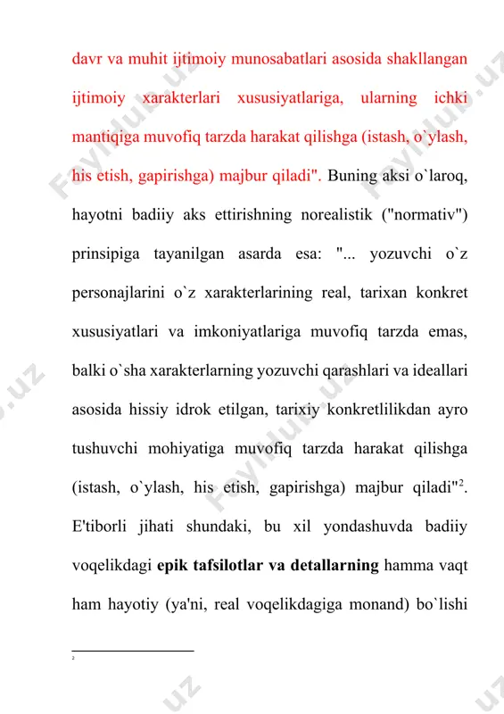 `sha voqelikni o`z dunyoqarashidan kelib chiqqan holda baholashga yo`naltiradi. uchinchisi – uslub antropologik kategoriya sifatida san'atkorning ijodiy individualligini belgilaydi, ontologik kategoriya sifatida esa uni adabiy an'ananing u yoki bu tomonlariga yo`naltiradi. san'atkorning ijodiy individualligi u yaratgan badiiy asarning barcha sathlarida (badiiy matnning tuzilishi - ritorika, badiiy voqelikni yaratish prinsiplari - poetika) namoyon bo`ladi. "uslub - odam" degan qarashning vujudga kelishi bejiz emas: asar o`zida ijodkor shaxsini ifodalar ekan, buni uslubda namoyon etadi. adabiy yo`nalish shu uchala kategoriya — hayotni badiiy aks ettirish prinsiplari, metod va uslub tushunchalari bilan bevosita bog`liqdir. adabiy yo`nalish badiiy tafakkur shakli, metod va uslub kesishgan nuqtada yuzaga keluvchi tushunchadir. gap shundaki, muayyan davrda yashagan bir qator ijodkorlar yaratgan ko`plab asarlarda tipologik umumiylik mavjud. tipologik umumiylik voqelikning qay tarzda aks ettirilishi, hayot materialini tanlash, uni badiiy idrok qilish va baholash prinsiplarida, asarlarning badiiy shakl xususiyatlari, uslubiy jihatlarida ao`zini namoyon etadi. uzluksiz adabiy jarayonning muayyan bosqichlarida kuzatiluvchi badiiy …
