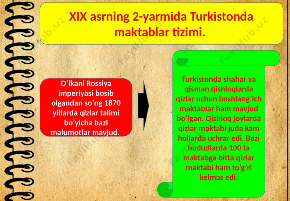 hun birinchi rus-tuzem maktabi ochilgan edi. 10 yillardan keyin toshkentda bunday maktablar soni to’rttaga ko’paydi bu tipdagi maktablar o’lkadagi yirik shaharlar hamda qishloqlarda ham tashkil etila boshladi. o’lkada rus, rus-tuzem maktablari ilk bor xix asrning 70 – yillarida yuzaga kelgan bo’lsa, 1904 yilga kelib ularning soni 57 taga yetdi. rus-tuzem maktablarida o’quvchilarga rus muallimi rus tlini hamda arifmetkani va boshqa fanlarni o’rgatar, buning uchun o’qish vaqtning yarmi ajratb qo’yilgan edi. o’qish vaqtning qolgan yarmi «musulmon domla» ixtyoriga berib qo’yilgan bo’lib, u eski usul maktablaridagidek bolalarga diniy darslar o’qitsh bilan shug’ullanardi. turkistonda jadidchilik harakati. yangi usul maktablarining ochilishi. jadidlar harakat ijtmoiy-tarbiyashunoslik tafakkurining alohida bir oqimi sifatda turkistonda yashovchi xalqlar orasida shakllandi. turkistondagi jadid (jadid so’zi arabcha “yangi usul”, “yangilik”, demakdir) maktablarining yuzaga kelishi mashhur qrim-tatar arbobi ismoilbek gaspirali nomi bilan bevosita bog’liqdir. 1851 yilda tavallud topgan ismoilbek gaspirali ilg’or demokratk g’oyalarni musulmonchilikning diniy asoslari bilan birlashtrish yo’lida qizg’in kurash olib bordi. …