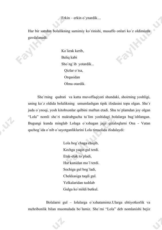 lik sabablari shunday tasvirlanadi : darxon so`z boshlab dedi: “men va qizimdan boshqa o`lmagan qul qolmadi kirib shunchalik yoshga ko`rmovdim shuncha qonni shuncha zoru-fig`onni. el xonumonin butkul sen o`t yoqib etding kul. senday qonxo`r zolimdan qolmasin deb biror zot bosh ko`tardik, zulmdan, bo`lmoqchi edik ozod”. isyon sabablarini xonning zolimligini fosh etib tashlaydi, xonga nisbatan kitobxonlarning nafratini oshiradi. jambilning zolim xoni darxonni o`ldirgach, oygulga :”menga xotin bo`lursan “ deganda oygul : taqdirim yor bo`lsa-yu fursat qulay kelsa-yu, seni agar o`ldirsam, tanangga xanjar ursam, dunyoda eng baxtiyor, odam bo`lardim, nomdor. deb g`azab bilan zolim shohga javob beradi. ona so`zlari jangchiga buyruqdek tuyuladi, qo`rquvni unutadi. ona mardlik va vatanparvarlik timsolidir: o`g`lim, bu og`ir kunlar bir kun o`tib ketadi. lekin qo`rqoqning sha`ni ming yillarga o`tadi. shuning uchun jangda mard bo`lganing yaxshi menga, qochib tirik qolgandan, o`lganing yaxshi menga. hamid olimjon ijodiy merosi. o`zbek xalq og`zaki ijodi durdonasi “alpomish” dostonini birinchi marta 1938 yilda nashrga …