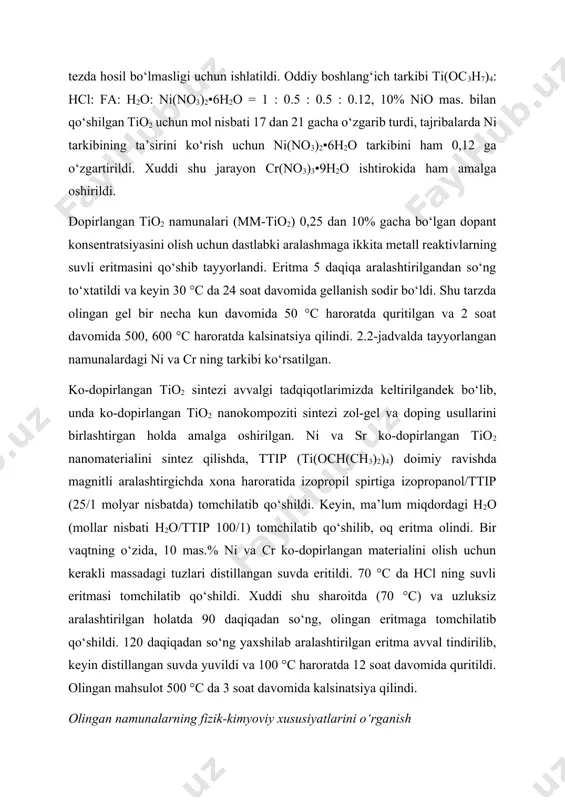 gel va doping usullarini birlashtirgan holda amalga oshirilgan. ni va sr ko-dopirlangan tio2 nanomaterialini sintez qilishda, ttip (ti(och(ch3)2)4) doimiy ravishda magnitli aralashtirgichda xona haroratida izopropil spirtiga izopropanol/ttip (25/1 molyar nisbatda) tomchilatib qo‘shildi. keyin, ma’lum miqdordagi h2o (mollar nisbati h2o/ttip 100/1) tomchilatib qo‘shilib, oq eritma olindi. bir vaqtning o‘zida, 10 mas.% ni va cr ko-dopirlangan materialini olish uchun kerakli massadagi tuzlari distillangan suvda eritildi. 70 °c da hcl ning suvli eritmasi tomchilatib qo‘shildi. xuddi shu sharoitda (70 °c) va uzluksiz aralashtirilgan holatda 90 daqiqadan so‘ng, olingan eritmaga tomchilatib qo‘shildi. 120 daqiqadan so‘ng yaxshilab aralashtirilgan eritma avval tindirilib, keyin distillangan suvda yuvildi va 100 °c haroratda 12 soat davomida quritildi. olingan mahsulot 500 °c da 3 soat davomida kalsinatsiya qilindi. olingan namunalarning fizik-kimyoviy xususiyatlarini o‘rganish sintez qilingan namunalarning rentgen diffraksiyasi (xrd) 60 kv kuchlanishli va 50 ma 2 θ oqimdagi mo ka radiatsiyasidan (λ = 0.7093 å) foydalanib, sezgir detektor holati bilan …