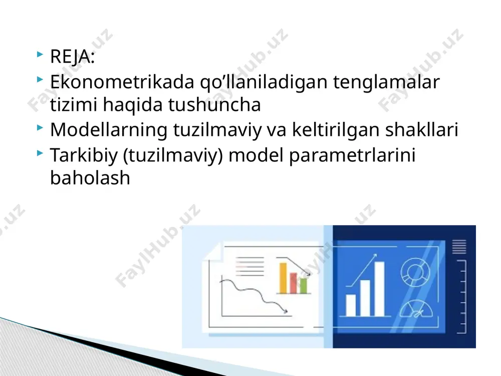 mada bog’liq o’zgaruvchi sifatida va boshqasida bog’liq bo’lmagan o’zgaruvchi sifatida qatnashadi. ekonometrikada bunday tenglamalar tizimi modelning “tuzilmaviy” shakli deb ataladi. tarkibiy (tuzilmaviy) model parametrlarini baholash bir paytli tenglamalar tizimining ko’rinishiga qarab tuzilmaviy model koeffitsientlari turli usullar bilan baholanishi mumkin. ularga:  eng kichik kvadratlar egri usuli;  eng kichik kvadratlarning ikki qadamli usuli;  eng kichik kvadratlarning uch qadamli va boshqa usullar kiradi. eng kichik kvadratlar egri usulida bir necha bosqichda amalga oshiriladi. 1. tuzilmaviy model keltirilgan shakldagi modelga aylantiriladi; 2. keltirilgan shakldagi modelning har bir tenglamasiga oddiy ekkuni qo’llanib keltirilgan koeffitsientlari baholanadi; 3. keltirilgan shakldagi model koeffitsientlari tuzilmaviy shakldagi model koeffitsientlariga o’tkaziladi. e’tiboringiz uchun rahmat image1.jpeg image2.jpeg image3.jpeg image4.jpeg image5.jpeg image6.jpeg image7.jpeg image8.jpeg image9.jpeg /docprops/thumbnail.jpeg