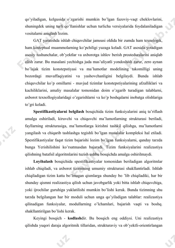 estlash ko’pincha muddatlarning cho’zilishiga va ishlar grafigining barbod bo’lishiga olib keladi. testlash jarayonida tizim uchun ish holatida xarakterli bo’lgan ma’lumotlar qo’llaniladi. sinovlarni o’tkazish rejasi oldindan tuzilgan bo’lishi lozim, test ma’lumotlarining katta qismini esa titzimni loyihalash bosqichida belgilash kerak. testlash uchta stadiyaga bo’linadi: · avtonom; · kompleks; · tizimli. avtonom testlashda har bir modul dasturchilar tomonidan tayyorlanadigan ma’lumotlar yordamida tekshiriladi. bunda modulning dasturiy muhiti testlashni boshqarish dasturi yordamida imitastiyalanadi, u haqiqiy podprogrammalar o’rniga mazkur moduldan murojaatlar bo’ladigan soxta dasturlarni (go’yo “zaglushkalar”ni) o’z ichiga oladi. kompleks testlash jarayonida dasturiy komponentlar guruhini birgalikda tekshirish amalga oshiriladi. tizimli yoki baholiy testlash - bu tizimni tekshirishning yakunlovchi stadiyasi, ya’ni tizimni mustaqil testlar yordamida butunlay sinovdan o’tkazishdir. gatni loyihalashning xususiyatlari aslini olganda, geoaxborot tizimlari ma’lumotlar bazalarini boshqarish tizimlarini (mbbt) o’zida ifodalaydi. lekin bitta muhim farq bor - gatlarda atributiv ma’lumotlar bilan birga fazoviy (geografik) axborot bilan ham ishlanadi. shuning uchun gatni loyihalashda mutaxassislar odatdagi mbbtlarni ishlab …