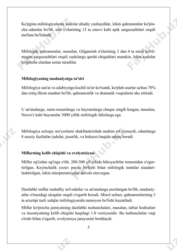 obrazlar, xususan, ikar obrazi orqali totalitar tuzumga qarshi norozilik ifodalash kabi ramziy usullar keng qo'llanilgan. adabiyotda mifologiya qahramonlari, masalan, odisseyning 12 ta sarguzashtlari, ko'pincha allegorik ma'noda ishlatilib, insoniyatning kurashlari va xususiyatlarini aks ettiradi. mifologik motivlar adabiyotda janrlarni boyitadi: 1984-yilda chop etilgan romanlarda miflar asosida yaratilgan fantastika va detektiv asarlar zamonaviy madaniyatga chuqur ta'sir ko'rsatdi. mifologiya va din din odatda axloqiy qoidalarni va qat'iy e'tiqodlarni o'z ichiga oladi, mifologiya esa ko'proq hikoyalar va ramzlarga asoslangan bo'lib, 3 asosiy mifologik vazifani bajaradi. ba'zi tadqiqotchilarning fikricha, mifologiya dinning ibtidoiy shakli bo'lgan, unda tabiiy hodisalar va insoniy tajribalar 7 asosiy mifologik arxetiplar orqali tushuntirilgan. din va mifologiya ko'pincha o'zaro bog'liq, 12 olimpiya xudosi kabi mifologik shaxslar diniy e'tiqod tizimlarida muhim rol o'ynagan. bu aloqa madaniy evolyutsiyani aks ettiradi. misr mifologiyasi misr mifologiyasida ra, quyosh xudosi, kun davomida osmon bo'ylab sayohat qilib, har kuni 12 soat ichida aat orqali o'tib, keyin esa tungi dunyoga tushadi. …