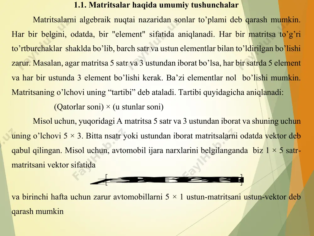 o’rinishiba ifodalanib, bun da ustunlar haftalarni va satrlar mos ravishda q va r mahsulotlar miqdorini ifodalaydi. 541271012914a va 8934818215b 4 hafta davomida sotilgan mahsulot hajmni aniqlovch i matritsani toping. yechish. a va b matritsalar yig’indisi har bir hafta uchun sotilgan mahsulot hajmini aniqlaydi. masalan, 1 - haftada sotilgan mahsulot hajmini 5+8=13 bo’ladi. umumiy sotuv hajmi esa quyidagi m atritsa orqali aniqlanadi 541278934101291481821558491237413131511108121892114518303019tab ta’rif. bir хil nm o’lchamli )( ij aa va )( ij bb matritsalar uchun ularning yig’indisi deb shunday nm o’lchamli )( ij cc matritsaga aytiladiki, istalgan ni,1 va mj,1 lar uchun ij c -element, ijijij bac  tenglik orqali aniqlanadi va matritsalar yig’indisi a+b shaklda belgilanadi, ya’ni c=a+b . matsisani biror songa yoko matritsaga ko’paytirish mumkin. matsisani biror songa ko’paytirganda uning barcha elementlari shu songa ko’paytiriladi. m atritsalarni matritsaga ko’paytirish murakkabroq bo’lib, keying bo’limda o’rganiladi. misol. agar 17,5 % qqs (qo’shimcha qiymat solig’i) qo’yilganda avtomashina ijarasiga bo’lgan narxlar …