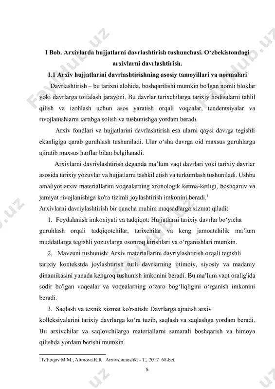 tonda arxiv ishi tarixi, toshkent-2019 103-104-betlar] 1.2. respublikamizda arxivlarni davrlshtirish borasida ilmiy izlanishlarni amalga oshiruvchi muassalar. o‘zbekiston tarixida arxiv hujjatlari muhim ahamiyatga ega hisoblanadi. ushbu tarixni yorish uchun arxiv hujjatlarini davrlashtirish ham muhim ahamiyatga ega. o‘zbekistonda asosan hujjatlar 3 ta davrga ajiratiladi. bular: 1. birinchi davr. “и” - davri. rus tilida “исторический” – tarixiy davr hujjatlari. eng qadimiy hujjat ix asrga tegishli bo'lib, u buxoro amiri ismoil somoniyning o‘z avlodlariga atab vaqf qilingan yerlar haqidagi hujjatidir. ushbu davr hujjatlari 862-yildan to 1917-yil 17- oktyabr oyigacha bo‘lgan davr hujjatlarini o‘z ichiga oladi. 2. ikkinchi davr. “р”-davri. rus tilida “ революционная ” - 1917-yil 17- oktyabrdagi davlat to‘ntarilishidan to 1991-yil 31-avgustgacha o‘zbekiston respublikasi mustaqilligigacha bo‘lgan davr. 3. uchinchi davr. “m” – mustaqillik davri. 1991-yil 31-avgust hozirgi kungacha boʻlgan davrni o‘z ichiga oladi. ushbu davrlarga oid hujjatlar asosan davlat arxivlari: oʻzbekiston milliy arxivi, oʻzbekiston respublikasi kinofotofono hujjatlari milliy arxivi, oʻzbekiston respublikasi ilmiy texnikaviy …