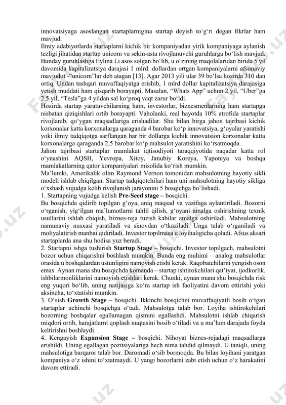 nubiy koreyada esa 2017 yili kichik, o‘rta biznes va startaplar vazirligi (minister of smes and startups) tashkil etildi. uning asosiy funksiyasi kichik, o‘rta biznes va startaplarni tashkil etish va rivojlantirish uchun qulay tizim ishlab chiqish hamda yirik kompaniyalar bilan kichik, o‘rta biznes va startaplar o‘rtasidagi hamkorlikni ta’minlashga ko‘maklashishdan iborat. startaplar dinamik suratda rivojlangan davlatlardan yana biri isroil sanaladi. mamlakatda samsung, yahoo, microsoft kabi yirik kompaniyalarning ilmiy tadqiqot markazlari startaplarga akseleratorlik xizmatlarini ko‘rsatadi va istiqbolli startaplarni saralab olishadi. umuman olganda ilgari surilgan g‘oya doimo ham amalga oshmasligi, g‘oyaligicha qolib ketishi ehtimoli doimo mavjud. investor topilmasa u o‘z-o‘zidan chetga suriladi. lekin g‘oya amalga oshadigan bo‘lsa, u yuqori daromad olib keladi. u shu sohadagi yagona kichik korxona bo‘lib, monopol mavqeiga ega bo‘ladi. bular albatta uning rivojlanishi va kelgusida hatto yirik gigantlarga aylanishi mumkinligini hayot, tajriba ko‘rsatib turibdi. masalan, googl, hewlett-packard, intel, apple, facebook va boshqalar. startaplar nihoyatda xilma-xil va turli sohalarga yo‘naltirilgan. ularni …