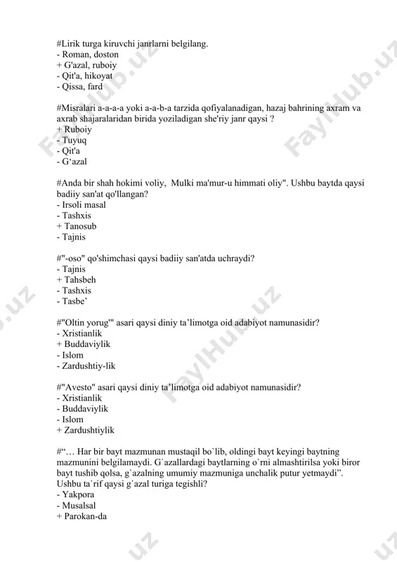 gan? + nido, tamsil - tazod, tajnis - husni ta`lil, tajohilu orifona - tashbeh, tajnis #“uzun sochingdin uzmasman ko`ngulni, oyog`ing qanda bo`lsa, boshim anda”. ushbu baytda qo`llangan badiiy san`atni toping. - tashbeh + tazod - iyhom - ruju #“labing bag`rimni qon qildi, ko`zimdin qon ravon qildi, nega holim yomon qildi, men andin bir so`rorim bor”. baytdagi badiiy san`at turi qaysi? + iyhom - talmeh - tardi aks - ishtiqoq #nazar solmoq, ishora qilmoq ma`nolarini anglatuvchi badiiy san`at nomi? - tasbe - tajohil-u orifona + talmeh - iyhom #“g`urbat tug`i yopqon ruhi zardinmu dey? yo hajr chiqargan ohi sardinmu dey?” qaysi badiiy san`at qo’llangan? + tajohilu orif - tafre’ - riyoziy ixtiroj - husni talil #“o`n sakkiz yil dema, yuz sakson yil o`lsa uldurur, husn shohi, ul balolarkim ko`z-u qoshindadur”. ushbu baytda (bildirilgan ifodaga yana “qaytish” xususiyatiga eg-:qaysi badiiy san’at qo`llangan? - husni ta’lil + ruju - ta’did - intoq #“yuz …