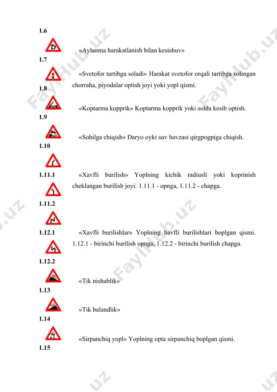 igpi oldida, u boplmasa, belgi oldida topxtashi kerak. 2.6 «roppara harakatlanishning ustunligi» qarama-qarshi harakatnalishni qiyinlashtiradigan hollarda yoplning tor qismiga kirish taqiqlanadi. haydovchi yoplning tor qismida boplgan yoki ropparadan harakatlanayotgan transport vositasiga yopl berishi kerak. 2.7 «ropparadagi harakatlanishga nisbatan imtiyoz» yoplning tor qismida harakatlanmoqchi boplgan haydovchi ropparadan kelayotgan transport vositasidan oldin optish huquqiga ega. taqiqlovchi belgilar taqiqlovchi belgilar – yo`l harakatiga ma`lum cheklanishlar kiritish yoki ularni bekor qilish uchun qo`llaniladi. taqiqlovchi belgilar 31 ta bo`lib, ularning asosiy qismining ko`rinishi doira shaklida bo`lib, xoshiyasi qizil, foni oq va tasviri qora va qizil ranglarda berilgan bo`ladi. 3.1-3.3, 3.18.1, 3.18.2, 3.19, 3.27 belgilarining belgilangan yo`nalishli transport vositalariga, 3.2-3.8 belgilari ta`sir oralig`ida yashovchi yoki ishlovchi fuqarolarga tegishli yoxud ularga va korxonalarga xizmat qiluvchi transport vositalariga daxli yo`q. bunday hollarda transport vositalari belgilangan joyga yaqin chorrahadan kirib yoki chiqib ketishlari kerak. ushbu qoidalarning 28.3 bandiga binoan “nogiron” taniqli belgisi bilan belgilangan avtomobillar va kajavali mototsikllarni boshqarayotgan …