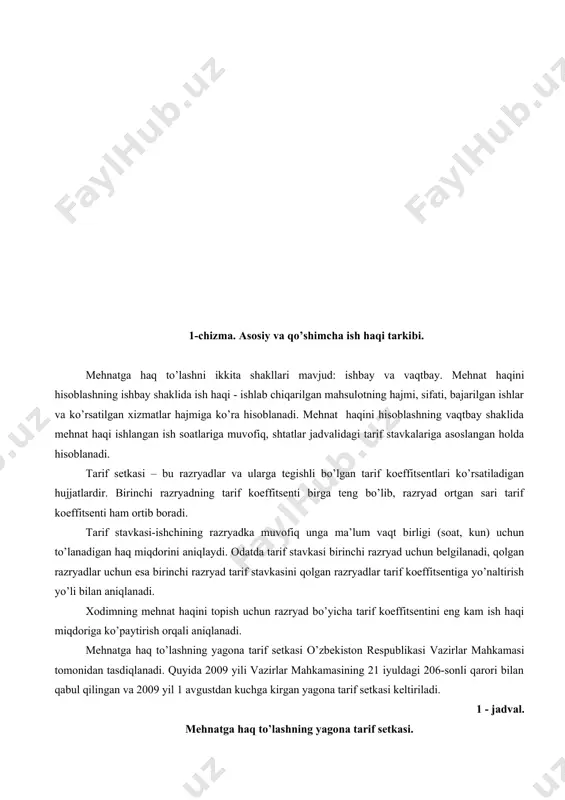 dan so’ng yangidan avans beriladi. hisobi beriladigan summalarning sarflanganligi haqida belgilangan muddatda avans hisoboti topshirilmagan yoki foydalanilmagan avans qoldig’i kassaga qaytarilmagan hollarda tashkilotlar bu qarzlarni avans olgan shaxslarning ish haqlaridan qonunchilikda belgilangan tartibda ushlab qolish huquqiga ega. xo’jalik yuritishning bozor tizimiga o’tish sharoitida mehnatga haq to’lash ijtimoiy qo’llab-kuvvatlash va xodimlarni himoya qilish sohasidagi vazifalari bevosita xo’jalik sub’ektilarga berilgan. har bir xodimning mehnat daromadlari, xo’jalik sub’ekti faoliyatining pirovard natijasini hisobga olgan xolda, uning qo’shgan hissasi va maksimal mikdori cheklanmaydi. lekin xodimlarning minimal ish haqi miqdori qonunchilik bilan belgilanadi. mehnat munosabatlarini, shu jumladan xodimlar mehnatiga hak to’lashni yuridik asosini mehnat to’g’risidagi konuniy hujjatlar, xo’jalik sub’ektilarning jamoa shartnomalarini va boshqa muayyan me’yoriy hujjatlar tashkil etadi. ma’lumki ish haqi, o’z navbatida, asosiy va qo’shimcha ish haqiga bo’linadi: asosiy ish xaqiga, xodimlarni ishlagan vaqti, bajargan ishining miqdori va sifatiga asosan hisoblangan ish haqi, tarif stavkalari, okladlar, mukofotlar, asosiy ish vaqtidan tashqari ishlagan ish vaqtiga hisoblangan …