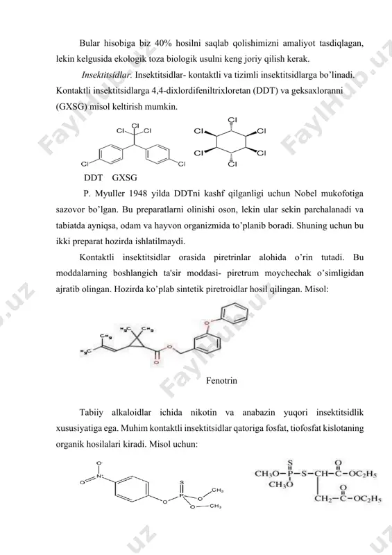 va ditiokarbamin kislotalarning hosilalari hisoblanadi. tiokarbamin kislota ditiokarbamin kislota tmtd (tetra metal tiuram disulfid) toshdauda ipak qurtini yuqumli kasalliklarga qarshi ekologik bezarar, terpenoidlar asosida tabiiy vosita yaratildi va ishlab chiqarish sinovidan o’tdi. o’stiruvchi moddalar, defoliant va desikantlar. organik birikmalarning 3 hil sinfi-indolil-karbon kislotalar, kininlar va gibberellinlar eng samarali o’stiruvchi moddalar hisoblanadi. indolilkarbon kislotalar ichida 3-indolil sirka (geteroauksin), β-(3-indolil) propion va β-(3-indolil) moy kislotalarning o’stiruvchilik xususiyatlari nihoyatda yuqori. 3-indolilsirka kislota β -(3-indolil) propion kislota so’nggi yillarda tabiiy birikmalar kininlar va gibberellinlar keng qo’llanilmoqda. malein kislota gidrazidini defoliantlik xususiyati bo’lib, paxta bargini to’kishda ishlatilinib kelingan. hozirda paxta dalalarida dropp (tidiazuron) keng ishlatilmoqda (ld50 =4000mg/kg). 3 biologik faol organik birikmalarni qishloq xo’jaligida ishlatilishi xulosa qilib, hozirda o’simliklarni himoya qilish borasida ko’plab, yangidan-yangi samarali pestitsidlar yaratilmoqda. bu sohada o’zbekiston olimlari, jumladan, o’zbekiston respublikasi fanlar akademiyasi kimyo institutlari olimlari, hamda bizning toshkent davlat agrar universitetining fizika va kimyo kafedrasida yaratilgan preparatlar katta amaliy ahamiyatga molik.misol …