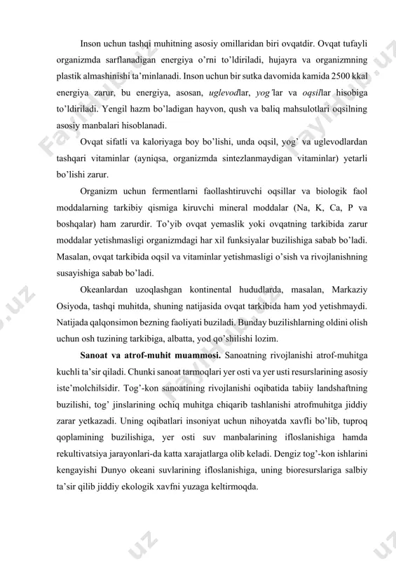 sanoat tarmoqlari yer osti va yer usti resurslarining asosiy iste’molchi‖sidir. tog’-kon sanoatining rivojlanishi oqibatida tabiiy landshaftning buzilishi, tog’ jinslarining ochiq muhitga chiqarib tashlanishi atrofmuhitga jiddiy zarar yetkazadi. uning oqibatlari insoniyat uchun nihoyatda xavfli bo’lib, tuproq qoplamining buzilishiga, yer osti suv manbalarining ifloslanishiga hamda rekultivatsiya jarayonlari-da katta xarajatlarga olib keladi. dengiz tog’-kon ishlarini kengayishi dunyo okeani suvlarining ifloslanishiga, uning bioresurslariga salbiy ta’sir qilib jiddiy ekologik xavfni yuzaga keltirmoqda. yoqilg’i energetika majmuasida ieslari atrof-muhitga zararli modda-lar chiqaradi, atmosferaning gaz tarkibini buzadi, suv temperaturasini ko’taradi, aes esa atrof-muhitga g’oyat zararli radioaktiv elementlarni chiqaradi, yoki aes lardagi falokat oqibatlari (ukraina-chernobil aes dagi avariya) tuzatib bo’lmas holatlarni yuzaga keltirishi, juda ehtiyotkorona yondashishni taqozo qilmoqda. aeslar nisbatan sof‖ bo’lsa-da, to’g’on platinalar, suv omborlari atrof-muhit relyefiga, o’simlik va hayvonot dunyosiga, yer osti suvlariga ta’sir etib, ekologik muvozanat buzilishi-ga olib kelmoqda. metallurgiya sanoatining rivojlanishi esa resursli hududlar qiyofasi jiddiy bo’zilishidan tashqari atrof-muhitga temir, qo’rg’oshin, qalay, mis, simob, surma …