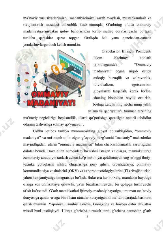 ir xalq, mamlakat hayotiga o’ziga xos unifikatsiya qiluvchi, ya’ni birxillashtiruvchi, bir qolipga tushiruvchi ta’sir ko’rsatadi. g’arb mamlakatlari ijtimoiy-madaniy hayotiga, umuman ma’naviy dunyosiga qarab, ertaga bizni ham nimalar kutayotganini ma’lum darajada bashorat qilish mumkin. yaponiya, janubiy koreya, gongkong va boshqa qator davlatlar misoli buni tasdiqlaydi. ularga g’arbcha turmush tarzi, g’arbcha qarashlar, g’arb yuksak madaniyati va qadriyatlari qatorida ommaviy madaniyati, sayoz qadriyatlari, ba’zi hollarda soxta qadriyatlari o’ta ziddiyatli ta’sir ko’rsatmoqda. bu ushbu mamlakatlar aholisi katta avlodida, o’z xalqi milliy madaniyatiga befarq bo’lmagan ijodkor ziyolilarda bezovtalik uyg’otmoqda. o’zbekistonning jahon hamjamiyati bilan aloqalari kuchayayotgani va raqamli texnologiyalarning xalqimiz turmushiga chuqur kirib borayotgani hayotimizda ommaviy madaniyatning mavqei va nisbatining ham ortib borishiga olib keladi. uning salbiy jihatlarini minimallashtirish, qulayliklari va ba’zi bir ijobiy jihatlaridan unumli foydalanish yo’llarini hozirdanoq izlashimiz kerak. qadim zamonlardayoq, temir qurollarga o’tilgach, odamlarning turmush tarzi, farovonligi, o’z ma’naviy va moddiy ehtiyojlarini qondirish imkoniyatlari o’rtasida farq kuchayib, ijtimoiy tabaqalashuv yuz berdi. bu jarayonda …