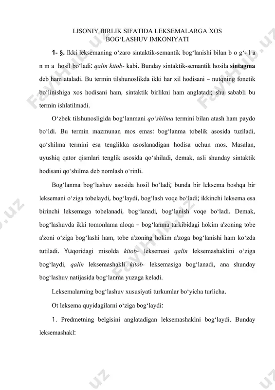 aklni bog‘laydi: ikki imorat- kabi; d) fe'l leksemashaklni bog‘laydi: qurilayotgan imorat- kabi; e) belgi ifodalaydigan olmoshni bog‘laydi: shunday imorat- kabi; 2) ega vazifasida kelib kesim vazifasidagi leksemashaklni bog‘laydi: a) tuslovchili fe'l leksemashaklni bog‘laydi: imorat quriladi kabi; b) sifat leksemashaklni bog‘laydi: imorat baland kabi; d) ot leksemashaklni bog‘laydi: bu imorat – maktab kabi. 2. qaralmish vaziyatida kelib qaratuvchi vazifasidagi ot leksemashaklni bog‘laydi: imoratning eni- kabi. ot leksemashakl quyidagi vazifalarda bog‘lanadi: 1) qaratuvchi vazifasida: imoratning eni- kabi; 2) to‘ldiruvchi vazifasida: imoratni qur- kabi; 3) kelishik yoki ko‘makchi bilan shakllangan hollovchi vazifasida: ko‘chada uchrash- , imorat uchun ol- kabi; 4) kesim vazifasida: bu imorat – maktab kabi. undalma vazifasida kelgan ot leksemashakl gap tarkibidagi leksemashakl bilan bog‘lanmaydi va b. sifat leksemashakl predmetning belgisini anglatadi, shunga ko‘ra sifatlovchi vazifasida ham, kesim vazifasida ham, shuningdek hollovchi vazifasida ham boshqa leksemaga bog‘lanadi. ravish leksemashakl ham shunday xususiyatga ega; farqi shuki, sifat uchun birlamchi vazifa – sifatlovchi …