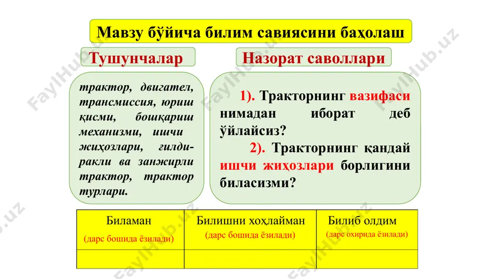 yilda stalingrad traktor zavodi (stz) ishga tushirildi va stz-1 (a q s h ning 15/30 rusumli traktoriga o ‘xshash) g‘ildirakli traktori ishlab chiqarila boshlandi. 1931- yildan boshlab shu rusumli traktor xarkov traktor zavodida ham ishlab chiqarilib, unga sxtz deb nom berildi 10 11 sxtz-nati traktorida kerosin yoqilg‘isida ishlaydigan 4 silindrli, quvvati 52 ok bo‘lgan karburatorli dvigatel o’rnatilgan. shuni aytish kerakki, bu traktorlarning yurish qismida qo’llanilgan balansirli osma zamonaviy zanjirli traktorlarda ham qo’llanib kelinmoqda (dt-75m, dt-175s, t-150). 1935- yilda sobiq ittifoqda birinchi quvvati 75 ok bo’lgan dizel tayyorlangan va bu dizel s-65 rusumli zanjirli traktorga o’rnatilgan. leningrad— kirov zavodi (avvalgi «krasniy putiloves») «universal» rusumli chopiq traktori bilan birga gazogenerator moslamali o‘rmon xo‘jaligida ishlatiladigan 45 ok ga ega bo’igan zanjirli traktorlar ham ishlab chiqargan. 12 harbiv bosqichda (1941— 1945- yillar) barcha zavodlar harbiy mashinalar chiqarishga moslashtirilgan. 1943- yilda lipesk va vladimir shaharlarida yangi zavodlar qurish to lg‘risida qaror qabul qilindi. 1944- yilda …