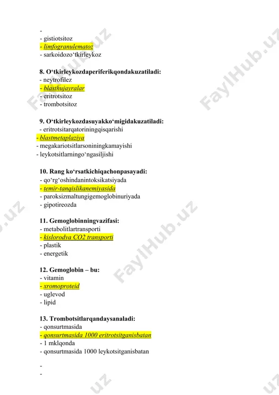 ari · sharko-leydenkristallari 17. bronxialastmadabalg‘amdaaniqlanadi: - gematoidinkristallari · sharko-leydenkristallari · fibrin · koralsimontolalar 18. koralsimontolalarbalg‘amdaaniqlanadi: - bronxialastmada · fibroz-kavernozsilda · o‘smalarda · krupozpnevmoniyada 19. najasmassalarining normal ranginimahisobigabo‘ladi: - uglevodliovqat · sterkobilinogen · yog‘lar · oqsilliovqat 20. bijg‘ishbilankechuvchikolitgaxosemas: · bo‘tqasimonnajas · shakllangannajas · mazsimonnajas · suyuqnajas 21. chirishbilankechuvchikolitdakuzatiladi: · mazsimonnajas · suvsimonnajas · ko‘piksimonnajas · bo‘tqasimonnajas 22. laboratoriyadantashqariomillartahlilnatijalarigata’sirqilishimumkin, quyidagilardantashqari: · bemorningjismoniyvahissiystressi · sirkadritmlar, iqlimta’siri · tana holati · tana vazni 23. amiloreyaqaysikasalliklardakuzatiladi: - dizenteriya - o‘tkirenterit · o‘t-toshkasalligi · kolit 24. qandlidiabetgashubhabo‘lsaqaysi test tavsiyaqilinadi: - siydikdaglyukoza · qondaglyukoza, glikirlangangemoglobin · xolesterin · triglitseridlar 25. lipidlarso‘rilishiamalgaoshadi: · og‘izbo‘shlig‘ida · ingichkaichaklarda · me’dada · 12-barmoqli ichaklarda 26. qonzardobidaonkotikbosimniushlaydi: · ionlar · oqsillar · lipidlar · temir 27. sitologiktekshiruvuchunmaterialniqaysiusullarbilanolishmumkin: · patologiko‘choqdanmaterialniqirishusulibilanolish · punksiyausuli · olibtashlanganpatologikmaterialnitekshirish · hammayuqoridagiusullardanfoydalanishmumkin 28. sitologikdiagnostikasifatiniyaxshilaydi: · tekshiruvusullariningunifikatsiyasi · sitologlarmalakasinioshirish · sitologiktekshiruvlarnimarkazlashtirishvaavtomatlashtirish · yuqoridagilarningbarchasisitologiktekshiruvsifatiniyaxshilashimkoniniberadi 29. serozsuyuqliklarningasosiyhujayraviyelementlari: · neytrofil · mezoteliy · limfotsit · makrofag 30. "anizotsitoz" nimanibildiradi: -turlixilshakldagieritrotsitlar -turlixildiametrdagieritrotsitlar turlixilbo‘yalganeritrotsitlar - …