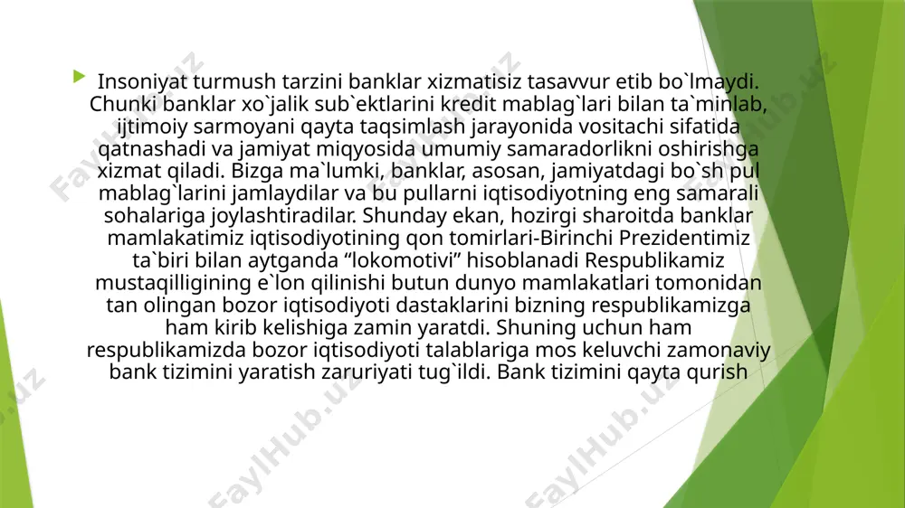 iston respublikasi markaziy banki oʻzbekiston respublikasi oliy majlisiga hisob beradi. oʻzbekiston respublikasi markaziy banki oʻz vakolatlari doirasida qarorlar qabul qilishda mustaqil boʻlib, oʻzbekiston respublikasi hududida ijro etilishi majburiy boʻlgan normativ hujjatlar chiqaradi. oʻzbekiston respublikasi markaziy banki yagona markazlashtirilgan boshqaruv tizimi boʻlib, qoraqalpogʻiston respublikasi, viloyatlar markazlarida va toshkent shahrida bosh boshqarmalarga ega. oʻzbekiston respublikasi markaziy banki huzurida alohida yuridik shaxs boʻlgan axborotlashtirish bosh markazi, respublika inkassatsiya birlashmasi davlat belgisi ishlab chiqarish birlashmasi, respublika valyuta birjasi, bir necha ilmiy tadqiqot muassasalari va oʻquv yurtlari faoliyat koʻrsatadi. oʻzbekiston respublikasi markaziy banki valyutani tartibga solish va valyutani nazorat qilish davlat organidir. u oʻzining balans hisobvaraqlarida oltin va boshqa qimmatbaho metallarni, naqd chet el valyutasini, chet el banklarida, xalqaro moliya tashkilotlarida hisob-varaqalar va depozitlarda boʻlgan chet el valyutasidagi qimmatbaho qogozlarni oʻz ichiga olgan oʻzbekiston respublikasining xalqaro rezervlarini shakllantiradi. oʻzbekiston respublikasi markaziy banki oʻzbekiston hududida qonuniy toʻlov vositasi sifatida banknotlar va tangalar koʻrinishidagi pul belgilarini muomalaga …