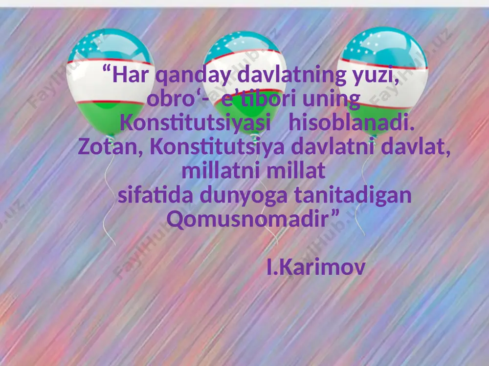 ga layoqatsizlar va yolg’iz keksalarning huquqlari davlat himoyasidadir. 64-modda ota – onalar o’z farzandlarini voyaga yetgunlariga qadar boqish va tarbiyalashga majburdirlar. davlat va jamiyat etim bolalarni va ota-onalarning vasiyligidan mahrum bo’lgan bolalarni boqish , tarbiyalash va o’qitishni ta’minlaydi, bolalarga bag’ishlangan xayriya faoliyatlarni rag’batlantiradi. bmt bolalar jamg’armasi – yunisef “kamolot” yoshlar ijtimoiiy harakati “sog’lom avlod uchun” “sen yolg’iz emassan” konstitutsiya – davlatning asosiy qonuni. qonun – davlat hokimiyati oliy organi tomonidan belgilangan tartibda qabul qilinadigan hujjat. respublika – davlatni idora etish shakli. ushbu kunda siz, bolajonlar, o’zingizsiz yurtim erkasi. ishonaman, sizlar, albatta, bo’lursizlar vatan ertasi. image1.png image2.jpeg image3.png image4.jpeg image5.jpeg image6.jpeg image7.jpeg image8.jpeg image9.png image10.png image11.png image12.png image13.png image14.jpeg image15.png image16.png image17.png image18.png image19.png image20.png image21.png