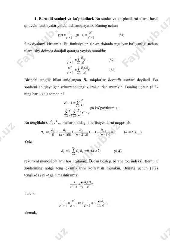 ing boshqa nollarga ega emasligini ko`rsatamiz. buning uchun 2k+1(x) ko`phad (0,1) oralig`ida ikkita har xil nuqtada nolga ega bo`la olmasligini ko`rsataylik. teskarisini faraz qilamiz, ya`ni х1 va х2 (0 1 lar uchun вп(1)=вп(0) bo`lganligi sababli вn*(х) uzluksiz davriy funksiyadir. bu funksiyalarning [0,1] oraliqdagi fur`e yoyilmalarini keltiramiz: bu yerda fur`e katorlari nazariyasidagi ma`lum teoremalarga ko`ra v>1bo`lganda вn*(х) uzluksiz bo`lganligi sababli (8.13) tenglik barcha v = 1 lar uchun o`rinlidir va u barcha butun bo`lmagan x lar uchun v = 1 bo`lganda ham o`rinlidir, butun x lar uchun qator yig`indisi nolga teng: endi п 1 deb faraz qilib, koeffisiyentlarini hisoblaylik: holgan koeffisiyentlarni hisoblashda avval v = 2k (к = 1,2,...) holni ko`rib chiqamiz. bo`laklab integrallaymiz: integrallangan had nolga teng. bo`laklab integrallashni davom ettiramiz: agar к>1 bo`lsa, u holda bo`lganligi uchun integrallangan had nolga teng bo`lib, bo`ladi. agar k = 1 bo`lsa, u holda integral nolga teng bo`lib, (8.15) bo`ladi. endi (8.14) tenglikni …