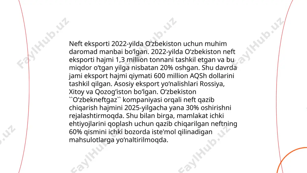 z hayotini xavf ostiga qo'yadi. atmosferaga har yili 40 milliard tonna karbonat angidrid gazi chiqariladi, bu global isish jarayonini tezlashtiradi. deyarli 1,2 milliard kishi ifloslangan ichimlik suvidan aziyat chekadi. dunyo bo'ylab o'rmonlarning qariyb 18 million gektari har yili yo'qolmoqda. shuningdek, oziq-ovqat chiqindilari global miqyosda 931 million tonnadan oshadi, bu esa resurslarning isrof bo'lishiga olib keladi. shu sababli, barqaror rivojlanish va atrof-muhit himoyasi jahon miqyosida dolzarb masala hisoblanadi. ... t.me/slaydai_bot 13. soliq siyosati 13. soliq siyosati mamlakat iqtisodiyotini barqarorlashtirish va resurslarni taqsimlashda muhim rol o‘ynaydi. soliq tushumlari davlat byudjetining asosiy manbai bo‘lib, ta'lim, sog‘liqni saqlash, infratuzilmani rivojlantirish kabi sohalarga yo‘naltiriladi. o‘zbekiston soliq tizimi 2019-yilda soddalashtirilib, jismoniy shaxslar uchun daromad solig‘i stavkasi 12% etib belgilandi. shuningdek, yuridik shaxslar uchun foyda solig‘i 15% tashkil etadi. qqs stavkasi 15% qilib belgilangan. 2021-yil ma’lumotlariga ko‘ra, jami soliq tushumlari yalpi ichki mahsulotning qariyb 24% ini tashkil etgan. soliq siyosatining samarali yuritilishi iqtisodiy o‘sish va aholi farovonligini …