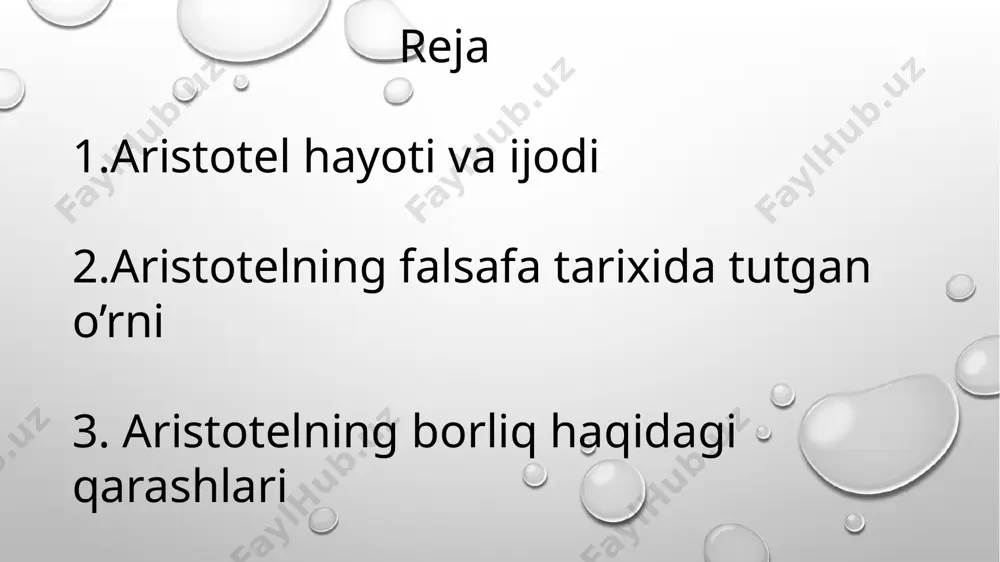 o‘l qo‘ygan xatolariga befarq qaray olmagan. aristotel makedoniya podshosi filippning iltimosiga binoan, uning o‘g‘li aleksandrga 3 yil davomida ta’lim-tarbiya berib boradi. tarixiy manbalarda ko‘rsatilishicha, makedoniya podshosi aleksandr aristotelni tabiiy-ilmiy tadqiqot ishlarini keng olib borishi uchun moddiy jihatdan ta’minlab turgan. ana shu imkoniyatlar tufayli aristotel milodimizdan avvalgi 335 yili afinada o‘zining xususiy maktabi — likkeyni ochishga erishadi. maktab appolon likkey ibodatxonasi yaqinida ochilgani uchun shunday nomlangan. aristotel bu maktab bog‘ida o‘z shogirdlari bilan sayr qilib, ma’ruza o‘qir edi. keyinchalik uning sayr qilib ma’ruza tinglovchi shogirdlarini perepatetiklar (ya’ni sayr qilib yuruvchilar) deb atadilar. aristotel tashkil etgan maktab juda katta kutubxoiaga ham ega bo‘lgan ekan. aristotel faqat ulkan faylasufgina emas, balki ko‘pgina fan sohalarida qalamtebratgan zabardast mutafakkir edi. u mantiq, psixologiya, falsafa, etika, ritorika, tabiiy fanlar bo‘yicha o‘lmas asarlar yozib qoldirgan. aristotel ilmiy tadqiqotlar olib borgan, tekshirilgai barcha fan sohalari borliqni o‘rganishga qaratilgan. u mantiqqa oid barcha asarlarinn «organon» nomli yirik to‘plamiga kiritgan. …