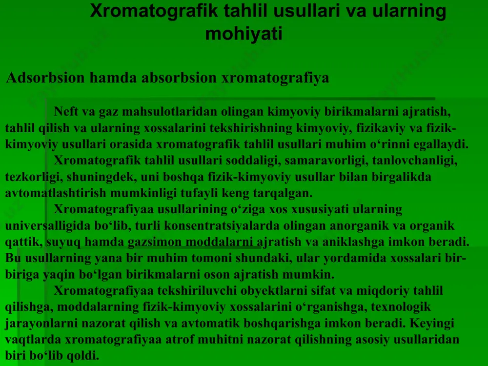 bо‘linadi. molekulyar xromatografiyaada qо‘zg‘almas faza (sorbent) bilan ajratilayotgan aralashmaning tarkibiy qismlari orasidagi о‘zaro ta’sir kuchlari tabiati bо‘yicha molekulalararo van-der-vals kuchlaridir. xemosorbsion xromatografiyaaga ion almashish, chuktirish, kompleks hosil qilish (yoki ligand almashish), oksidlanish-qaytarilish xromatografiyaasi kiradi. xemosorbsion xromatografiyaada tegishli kimyoviy reaksiyalar sorbsiyaga sabab bо‘ladi. 3. xromatografiyaalash usullari bо‘yicha frontal, ochiltirish (elyuent) va siqib chiqarish xromatografiyaalariga bо‘linadi. tahliliy kimyoda kо‘pincha, ochiltirish usuli qо‘llaniladi. 4. bajarish texnikasi bо‘yicha kolonkali (nayli) xromatografiyaa (qо‘zg‘almas faza nayda joylashtirilgan) va yuza qog‘oz xromatografiyaasi hamda yupqa qatlamli xromatografiyaalarga (qо‘zg‘almas faza sorbent qog‘oz varag‘iga yoki shisha va metall plastinkaga yupka qatlam qilib joylashtirilgan) ajratiladi. zanjirning uzilishi quyidagi reaksiyalar natijasida kuzatiladi: yupqa qatlamdagi xromatografiya. ion almashinish xromatografiyaasi xromatografik tahlilning mohiyati quyidagilardan iborat. kolonkaga (sorbentning yupka qatlamiga, yoki qog‘oz lentaga) ajratiladigan aralashmadan ozgina (qо‘zg‘almas faza sig‘imidan juda kichik hajmda) solinadi. aralashmaning tarkibiy qismlari sorbentning yuqori qatlamlarida (tekis yuzadagi xromatofafiyada esa namuna solingan joyda) yutila boshlaydi. bunda yaxshi yutilmaydigan komponent kolonka bо‘ylab keyingi …