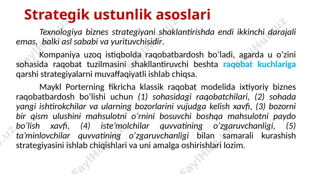 sh yoki bozorga chiqish vaqtini qisqartirish. oʻsishga yoʻnaltirish biznesni regional va global boshqarishda at foydalanish. at yordamida boshqa mahsulot va xizmatlariga integrallashish. alyanslarni yaratish uning yordamida ishchi hamkorlar virtual tashkilotlarini yaratish mumkin. mijozlar, ta’minlovchilar, hamkorlar va boshqalar bilan strategik hamkorlik munosabatlarni qoʻllab quvvatlash uchun internet va ekstranet bilan bog‘langan tashkilotlararo axborot tizimlarini ishlab chiqish. strategiya kompaniya axborot texnologiyalaridan strategik foydalanish biznes-foyda narx liderligi dell computer priceline.com ebay.com onlayn buyurtma onlayn sotuvchi onlayn auksionlar eng kam narxli ishlab chiquvchi xaridor-narxni shaklantiruvchi komplekt auksion–narxlarni oʻrnatish differensiatsiya avnet marshall moen inc. consolidated freightways e-tijoratning buyurtmachi/ ta’minlovchi onlayn mijozni yaratish mijozga tovarni yetkazib berishni onlayn kuzatish bozor ulushini koʻpaytirish bozor ulushini koʻpaytirish bozor ulushini koʻpaytirish innovatsiya charles schwab & co. federal express amazon.com onlayn chegirmali birja savdosi onlayn paketni kuzatish va parvozni boshqarish mijozga toʻliq xizmat qilish tizimi bozorda liderlik bozorda liderlik bozorda liderlik oʻsish citicorp wal-mart toys ‘r’ us inc. global intranet global …