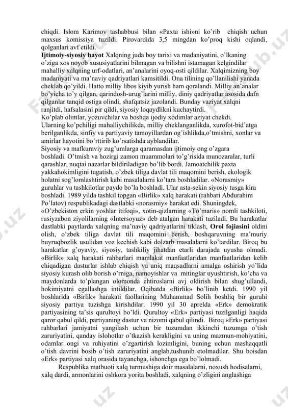 yuborildi. «kadrlar to’dasi» deb nom olgan 400 ga yaqin kelgindilar o’zbekistonni o’z bilganlaricha boshqara boshladilar. o’zbekiston kompartiyasi va respublika ministrlar soveti amalda ular tomonidan boshqarildi. birinchi lavozimda o’tirgan mahalliy kadrlar ularning qo’lida qo’g’irchoq bo’lib qoldi. o’zbekiston kompartiyasi markazqo’mida moskva vakillari - mogilnichenko, bessarabov, ponomaryov uya qurib olgan edi. o’sha yillarda tez-tez bo’lib turadigan plenumlar va yig’ilishlarda qilingan barcha ma’ruzalarni ponomaryov va o’zbekistonda doimiy ishlash uchun yuborilgan «kadrlar desanti»ning boshliqlari- anishev, ogarek, satin va ularning hamtovoqlari tahrir qilardilar. o’zbekiston kompartiyasi mqning birinchi kotibi i.usmonxo’jaev esa minbarga chiqib tayyor narsalarni o’qir edi. minbardan bilib-bilmay aytilgan gaplar qanchadan-qancha kommunistlar va rahbarlarning sha’ni, qadr-qiymatini oyoq osti qilardi, hayotini buzardi. o’zkp markaziy qo’mitasida «pinxona kabinet» tashkil topdi. ushbu «kabinet» kuch ishlatish, tuhmatlar uyushtirish yo’li bilan xodimlarni badnom qilish, respublikaga mutlaqo aloqasi bo’lmagan avantyuristik qarorlarni tiqishtirish bilan shug’ullandi. o’zbekistonda faoliyat ko’rsatayotgan «pinxona kabinet» va «kadrlar desanti»ning tashkilotchisi kpss mqning kotibi e.k.ligachyov edi. qo’g’irchoqqa aylantirilgan mahalliy rahbarlar …